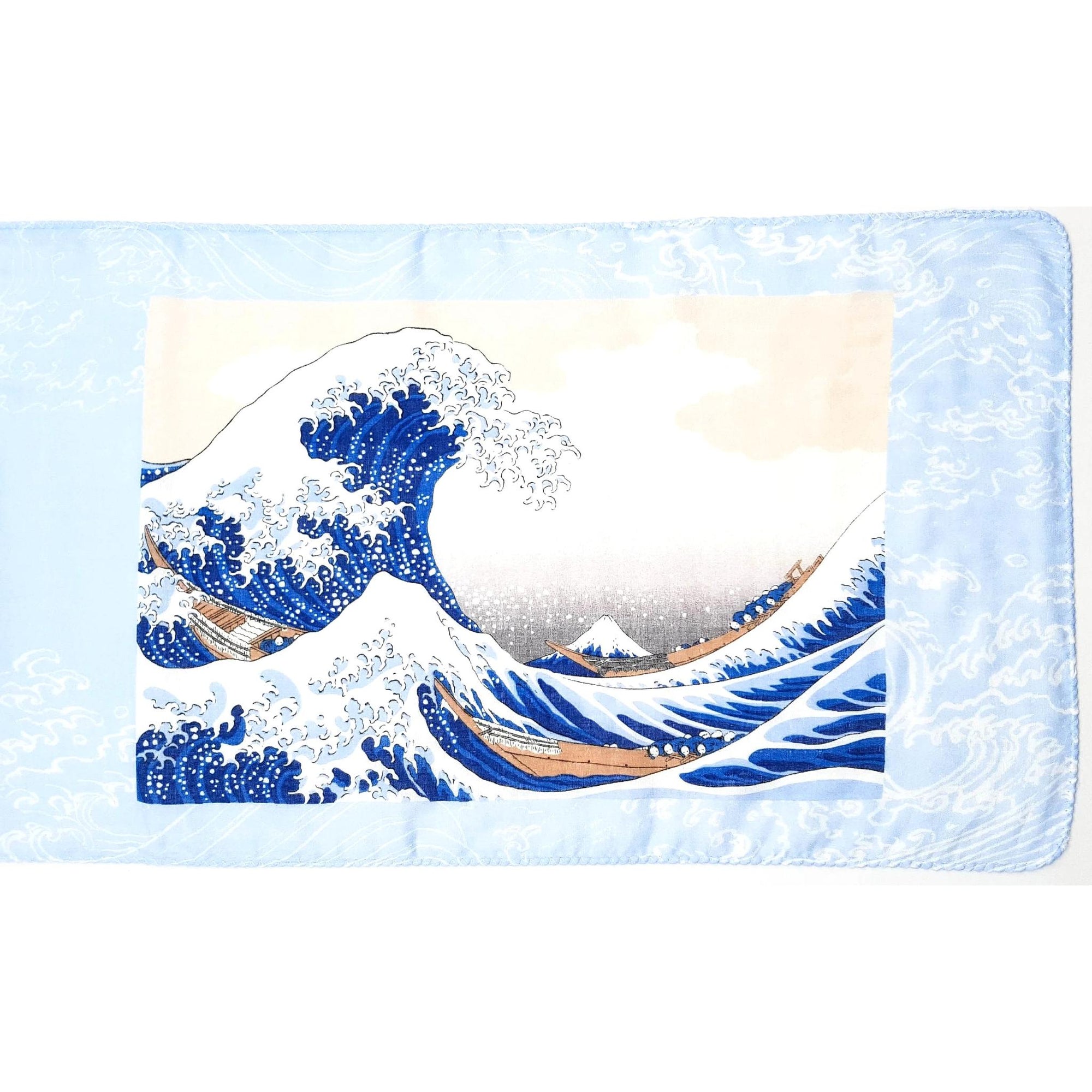 Tenugui serviette jaaponaise 100% coton imprimé avec reproduction d'estampe de la fameuse Vague de l'artiste Hokusai