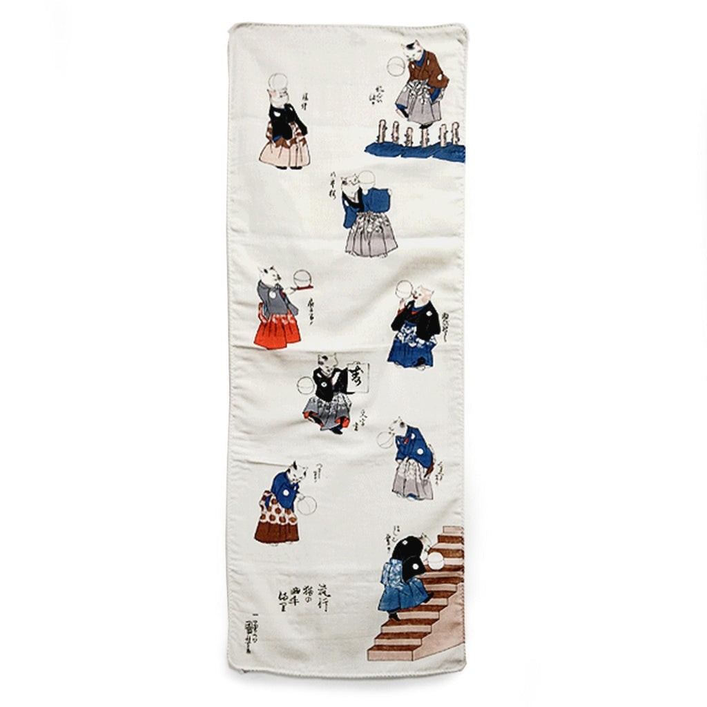 Tenugui serviette japonaise 100% coton imprimé avec reproduction d'estampe Chats Sportifs de l'artiste japonais Utagawa Kuniyoshi, bandeau
