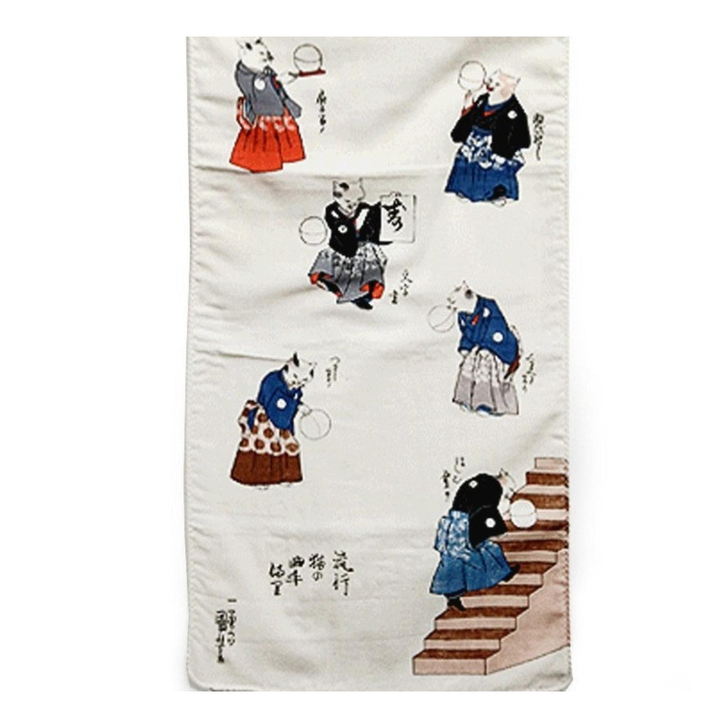 Tenugui serviette japonaise 100% coton imprimé avec reproduction d'estampe Chats Sportifs de l'artiste japonais Utagawa Kuniyoshi, bandeau
