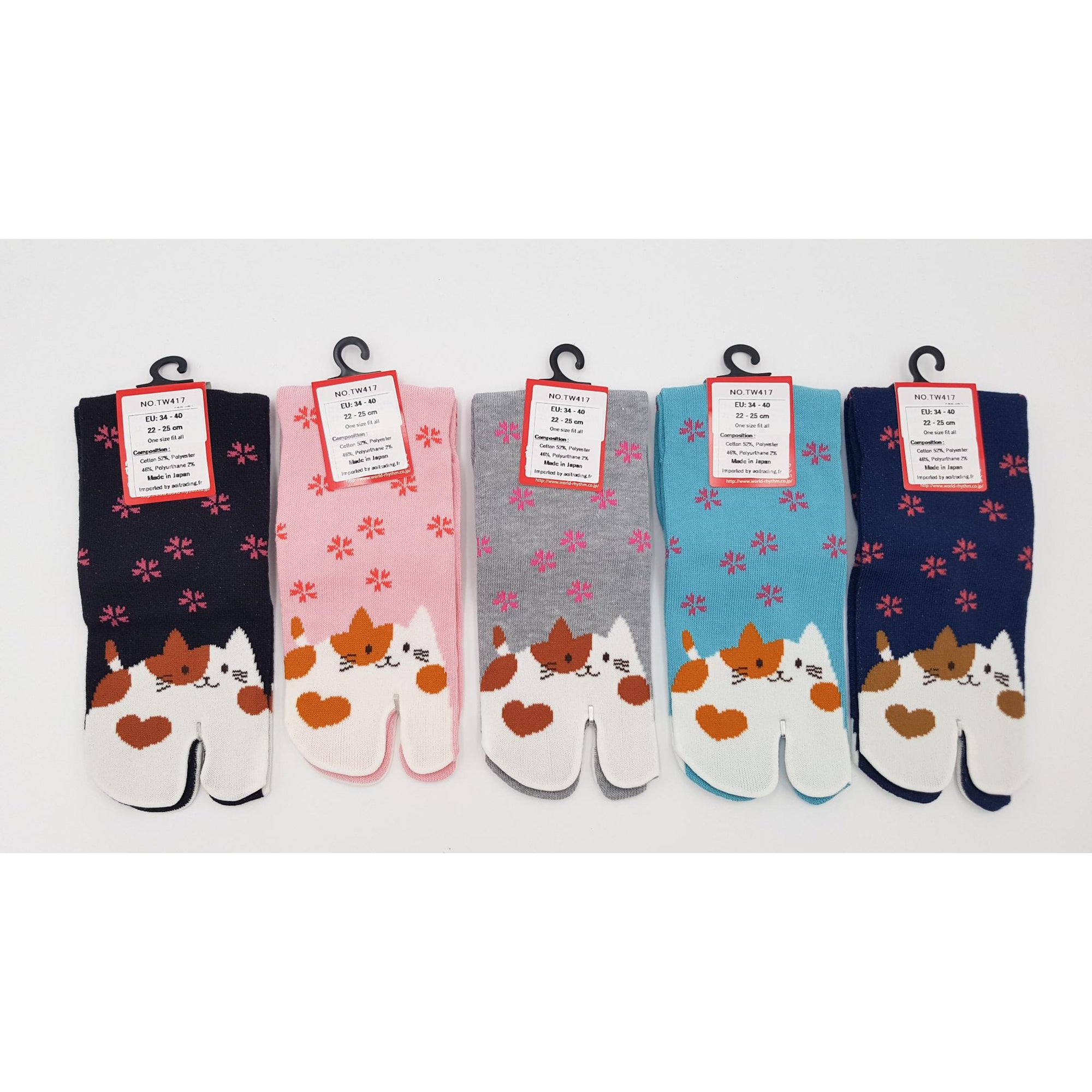 Chaussettes Japonaises Tabi - Motif Neko Chat  - Taille Eu34-40 - par lot de 6 paires