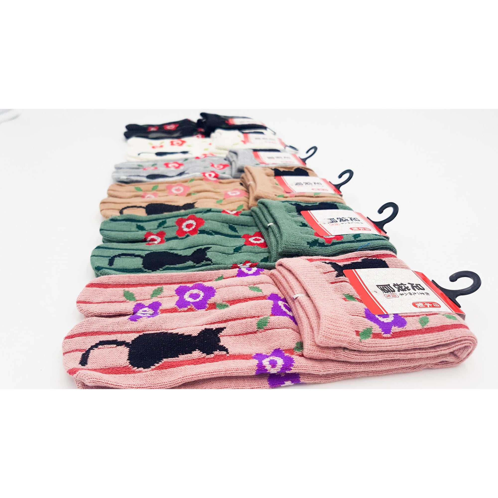 Chaussettes Japonaises Tabi - Motif Chat Noir - Taille Eu34-40 - par lot de 6 paires