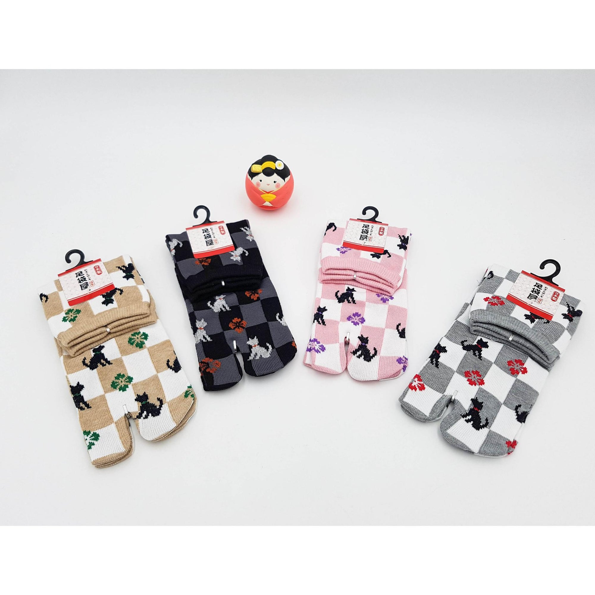 Chaussettes Japonaises Tabi - Motif Chat Damier- Taille Eu34-40 - par lot de 6 paires