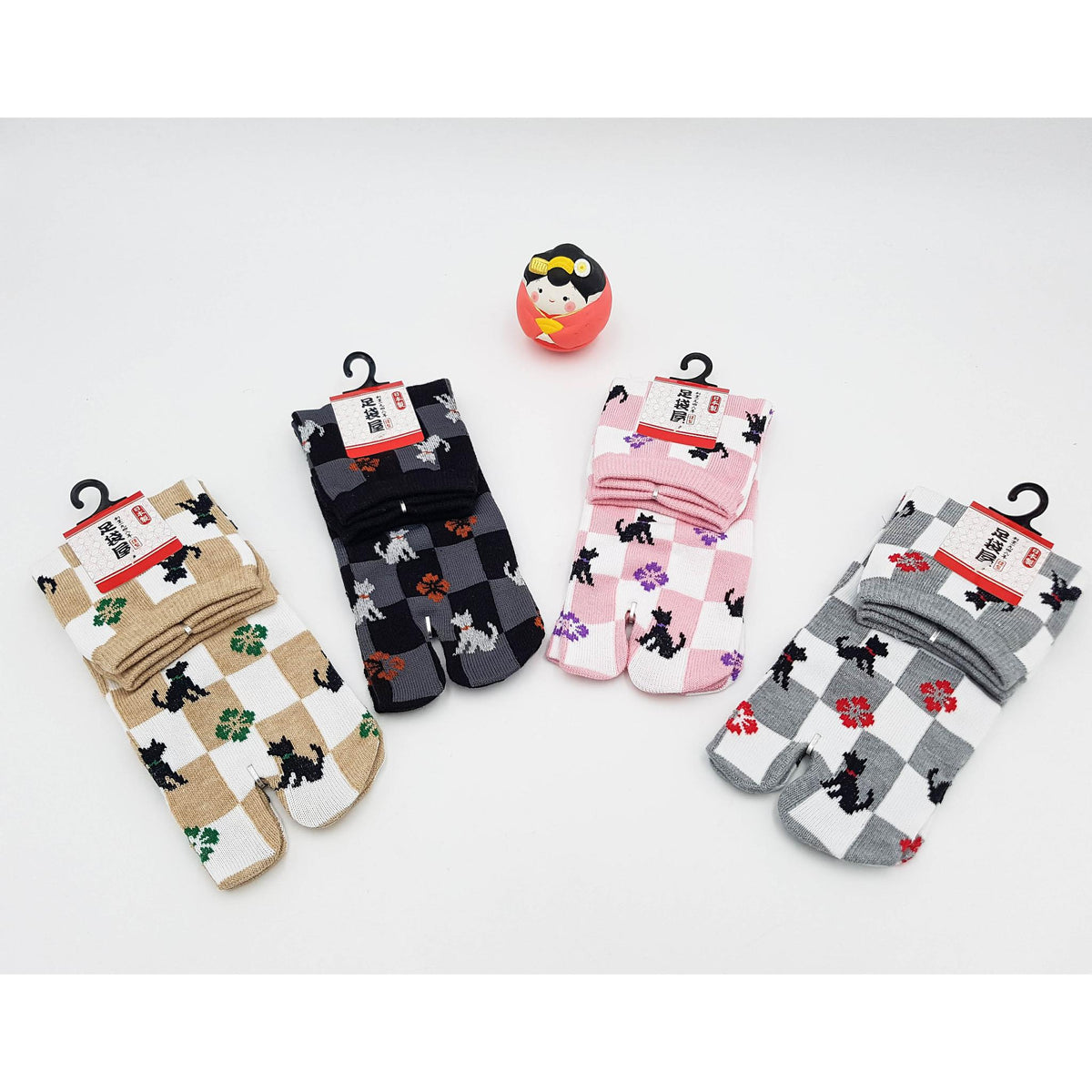 Chaussettes Japonaises Tabi - Motif Chat Damier- Taille Eu34-40 - par lot de 6 paires