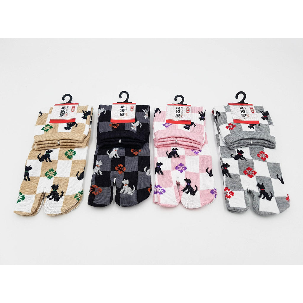 Chaussettes Japonaises Tabi - Motif Chat Damier- Taille Eu34-40 - par lot de 6 paires
