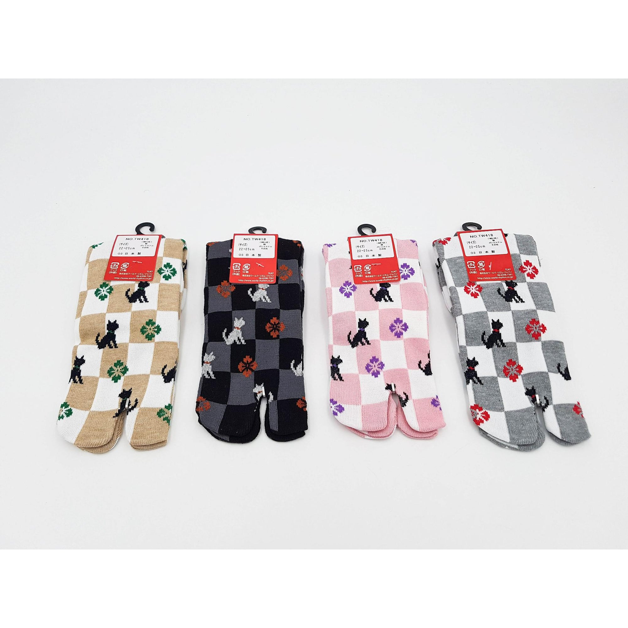 Chaussettes Japonaises Tabi - Motif Chat Damier- Taille Eu34-40 - par lot de 6 paires
