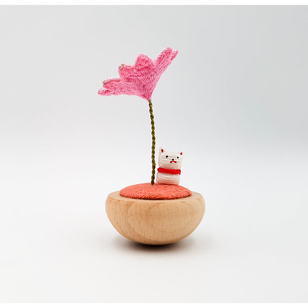 Figurine porte-bonheur yura yura japonais sakura et animaux en bois et tissu chirimen