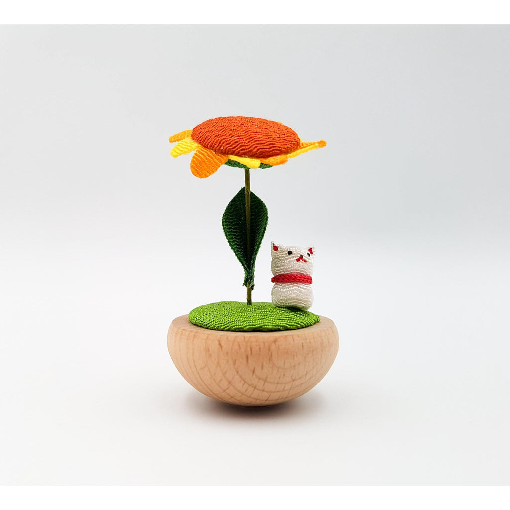 Figurine porte-bonheur yura yura japonais tournesol et animaux en bois et tissu chirimen