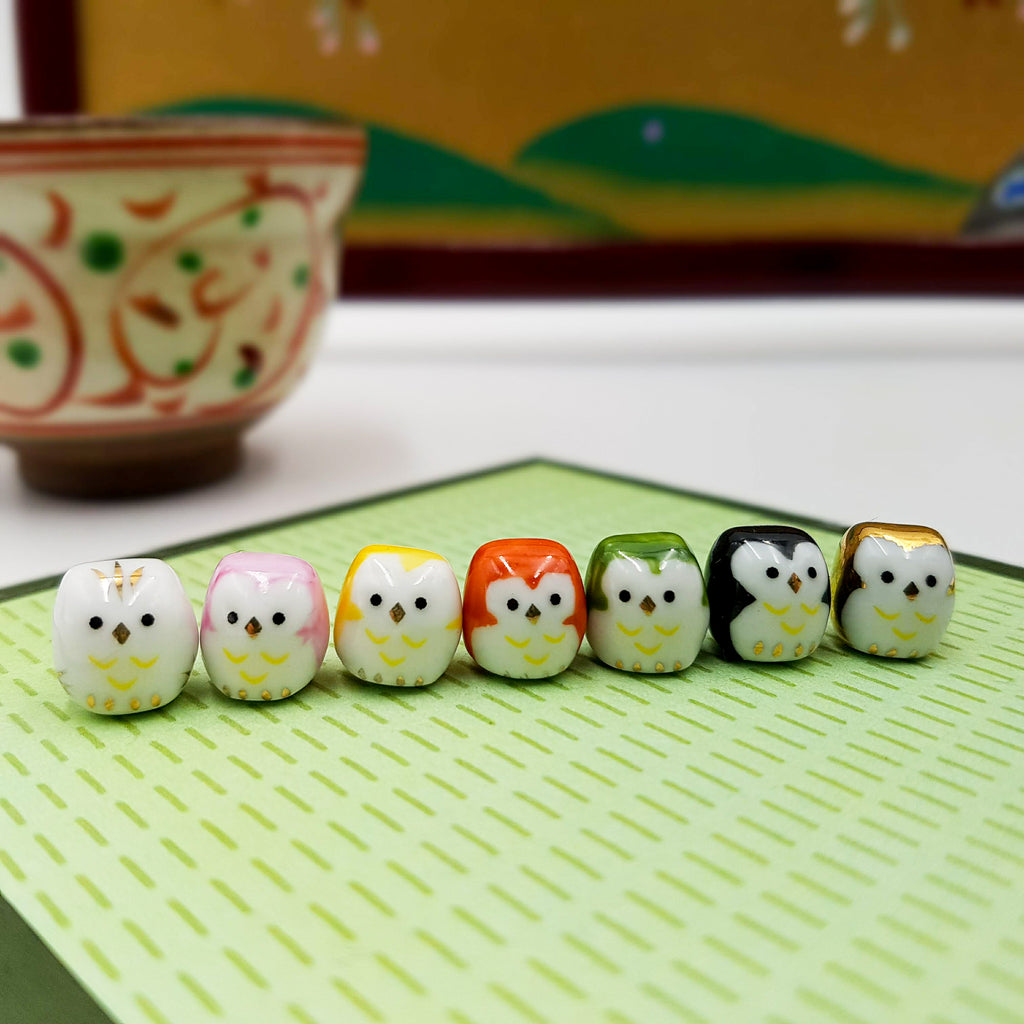 Set of small Japanese ceramic lucky charms Owls hand painted in Japan