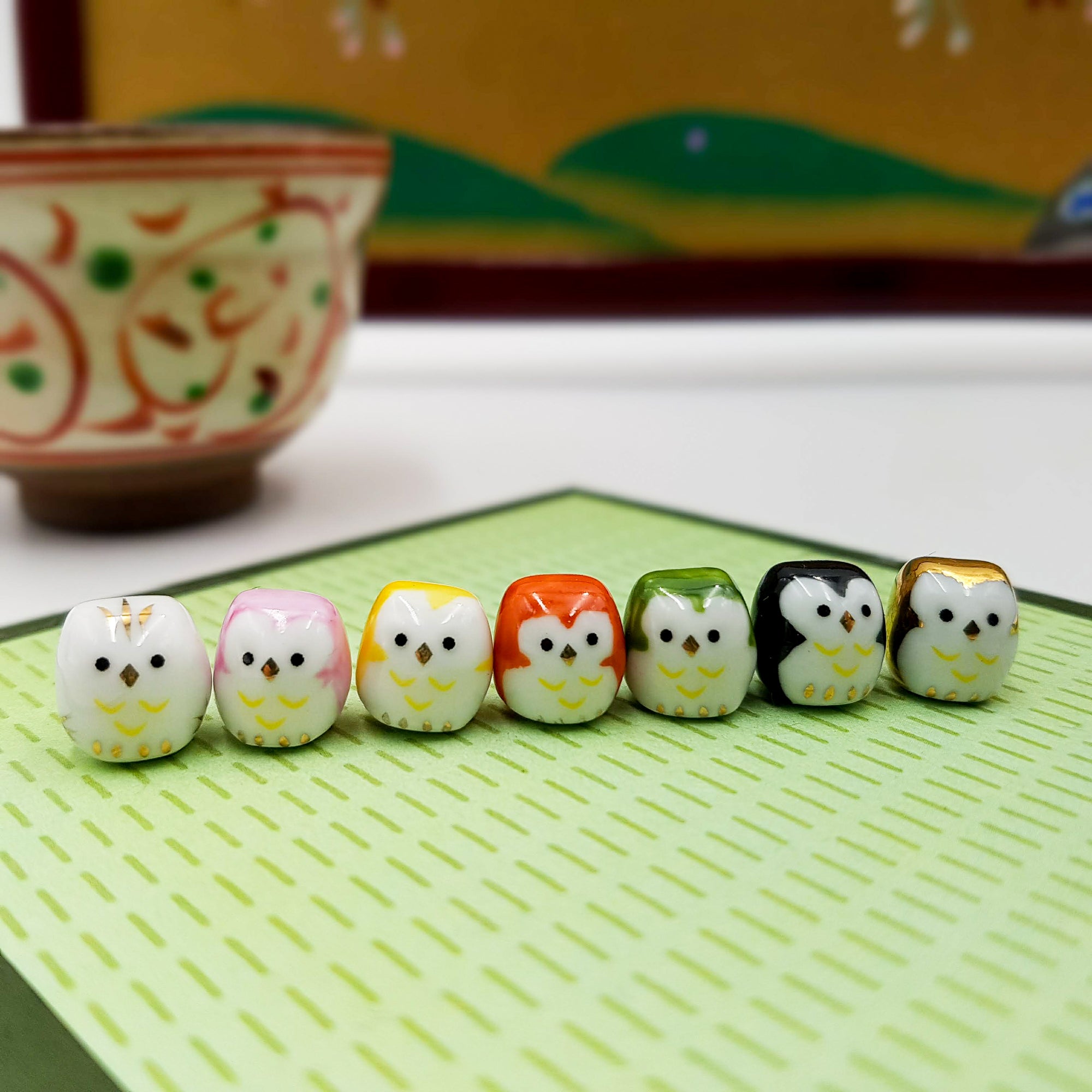 Set of small Japanese ceramic lucky charms Owls hand painted in Japan
