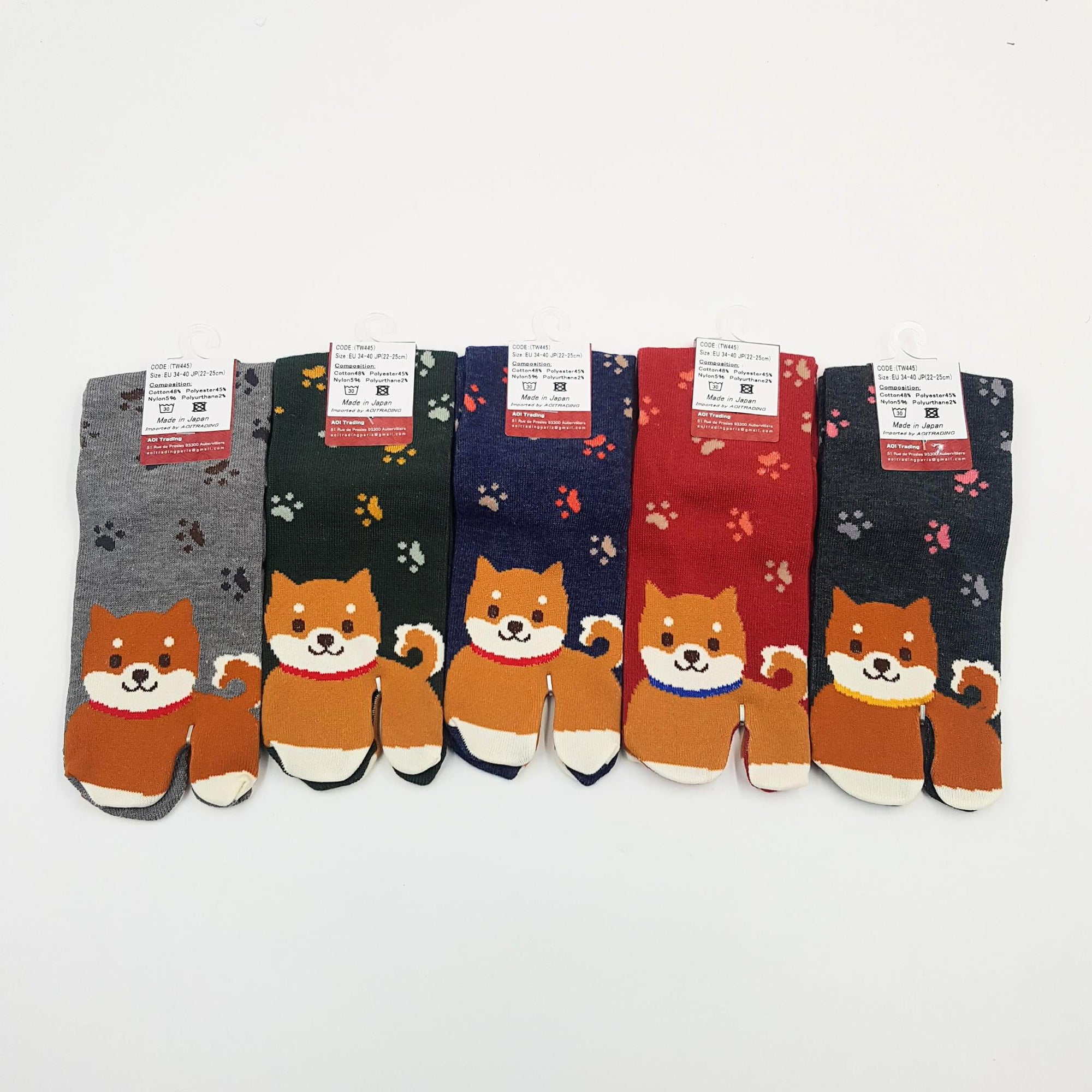 Chaussettes Japonaises Tabi - Motif Shiba Inu avec Empreinte de pas - Taille Eu34-40 - par lot de 6 paires