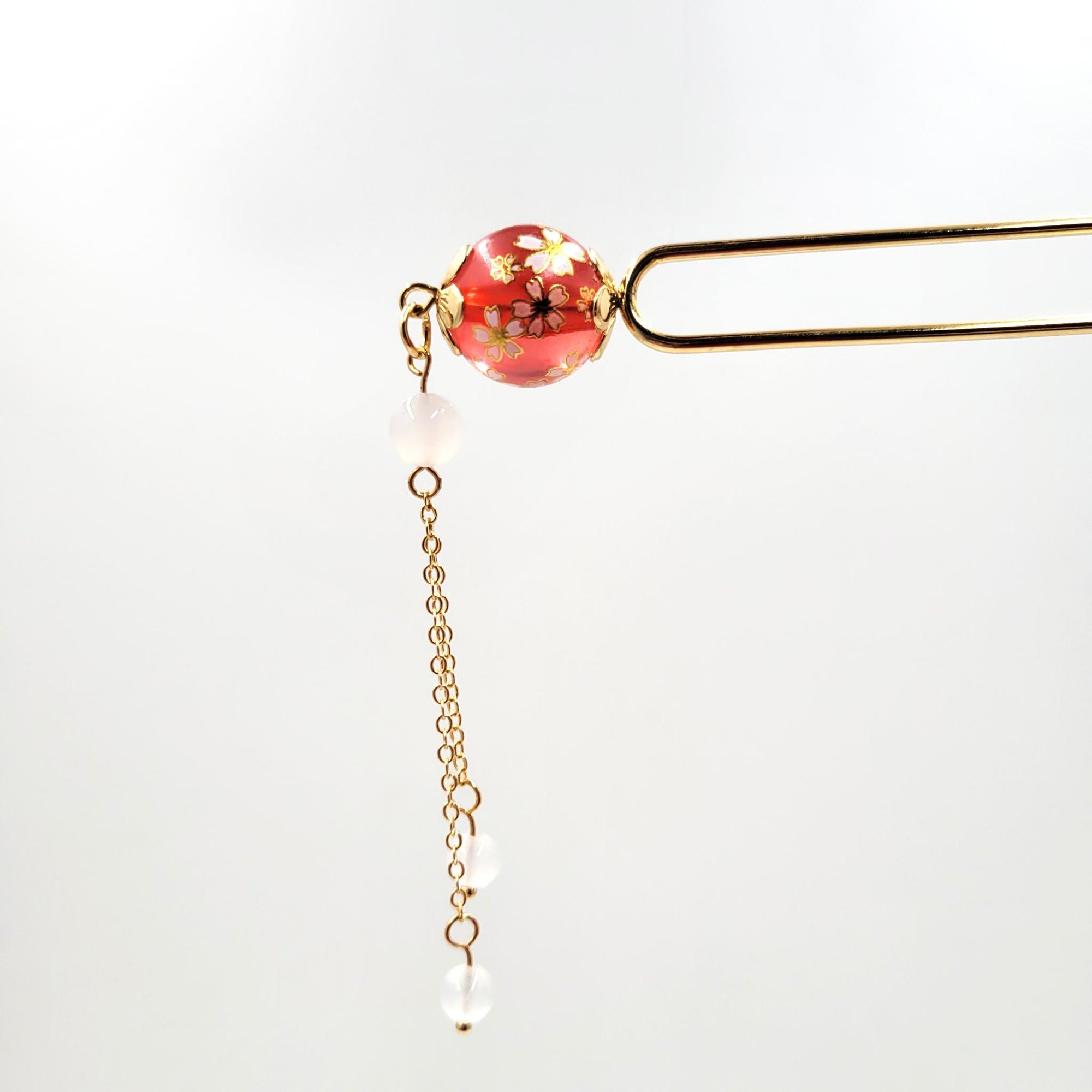 Epingle à cheveux japonaise Kanzashi double pique avec boule sakura et perles – Lot de 5