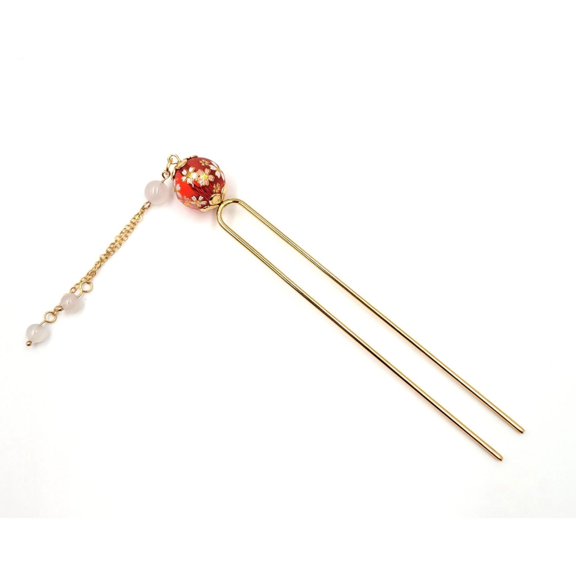 Epingle à cheveux japonaise Kanzashi double pique avec boule sakura et perles – Lot de 5
