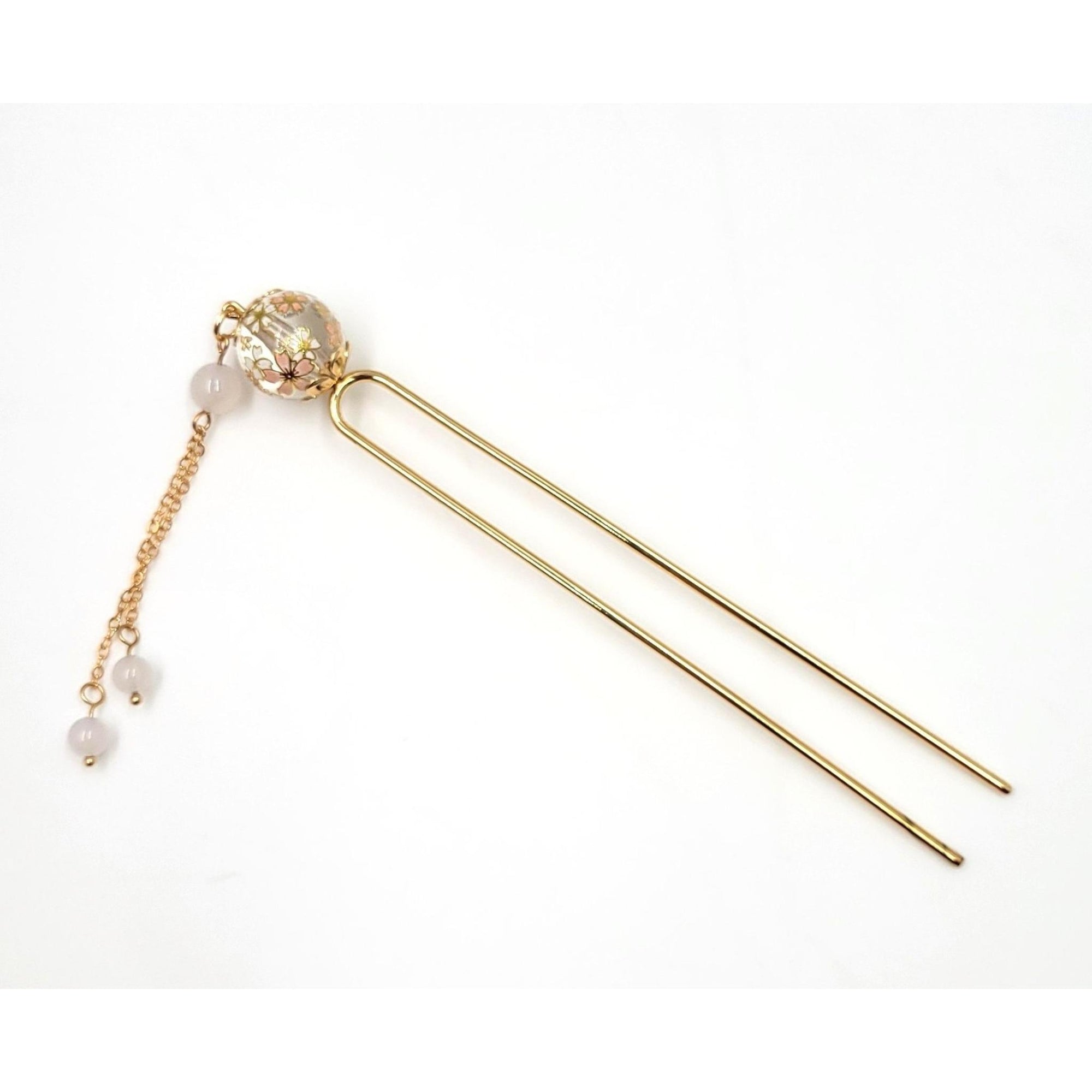 Epingle à cheveux japonaise Kanzashi double pique avec boule sakura et perles – Lot de 5