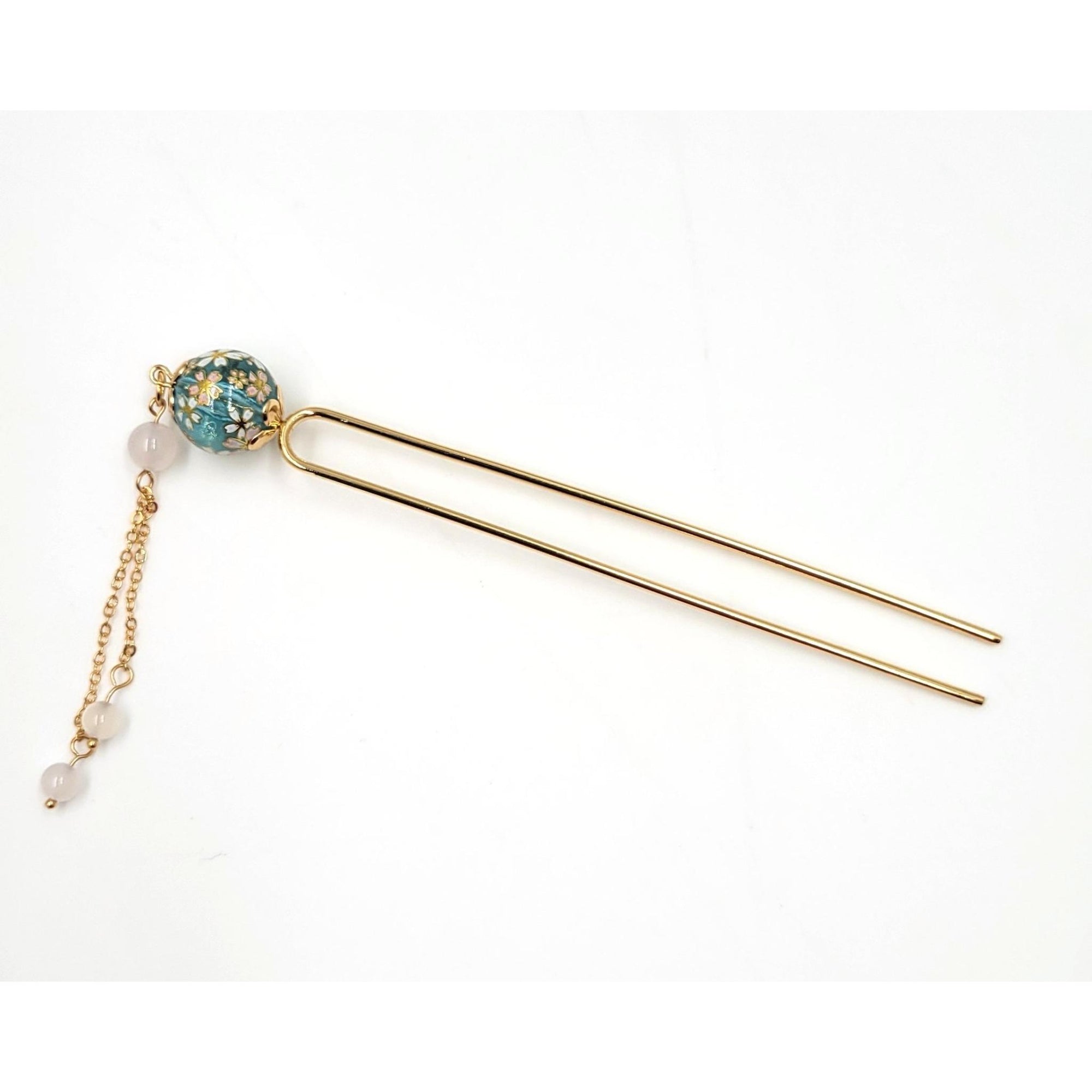 Epingle à cheveux japonaise Kanzashi double pique avec boule sakura et perles – Lot de 5