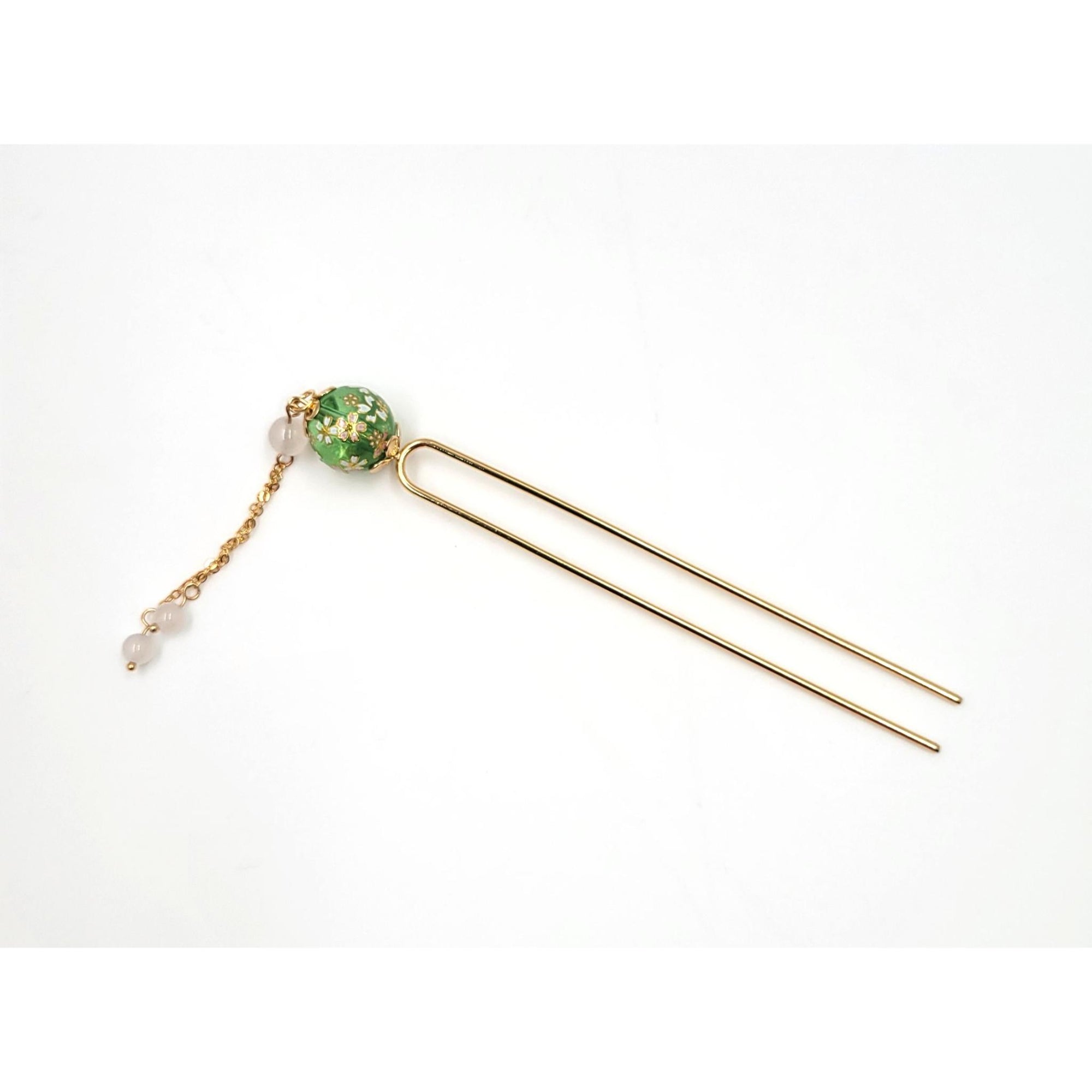 Epingle à cheveux japonaise Kanzashi double pique avec boule sakura et perles – Lot de 5