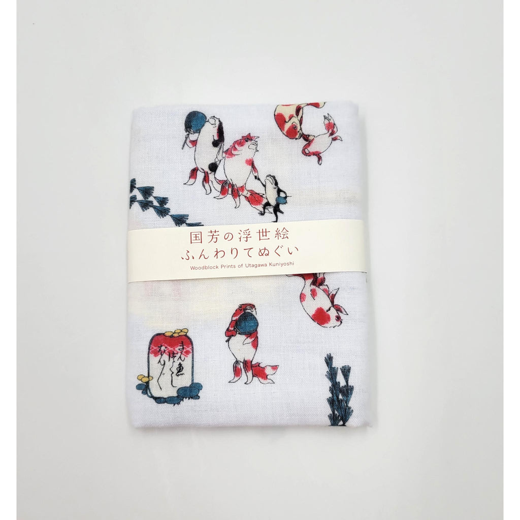 btob Tenugui serviette japonaise 100% coton imprimé avec reproduction d'estampe Poissons Rouges de l'artiste japonais Utagawa Kuniyoshi