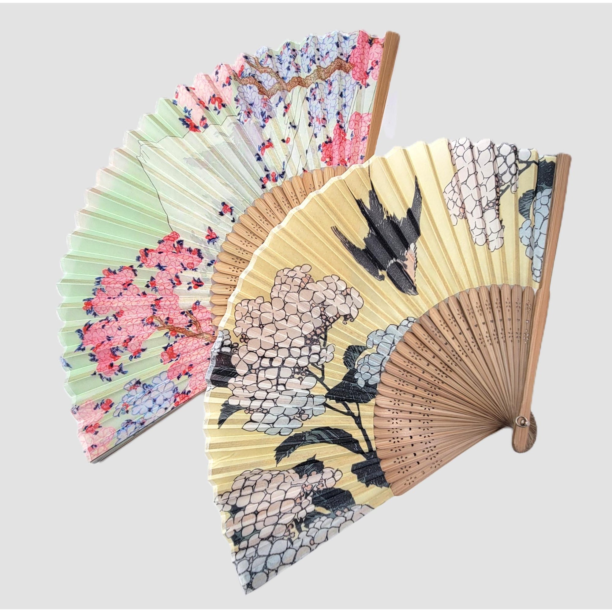 Collection Eventail AOI - Motif UKIYOE Japonais HOKISAI　Mont Fuji aux cerisiers en fleurs et hortensias　Lot de  5