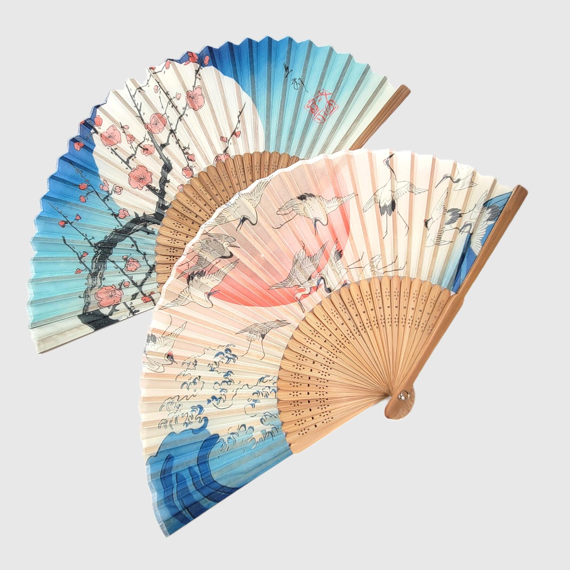 Collection Eventail AOI - Motif UKIYOE Japonais Hiroshige Plum rouge et Grue　Lot de 5