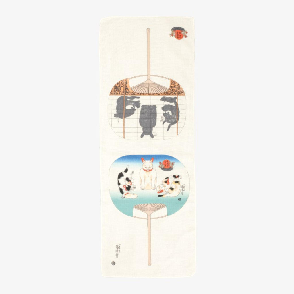 Tenugui serviette japonaise 100% coton imprimé Eventail Chats avec reproduction de l'artiste japonais Utagawa Kuniyoshi