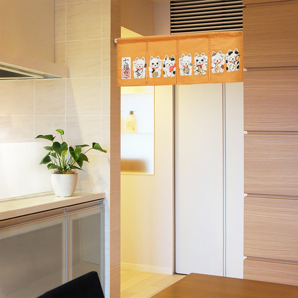 Noren Japanese Curtain - Seven Orange Fortune Cats