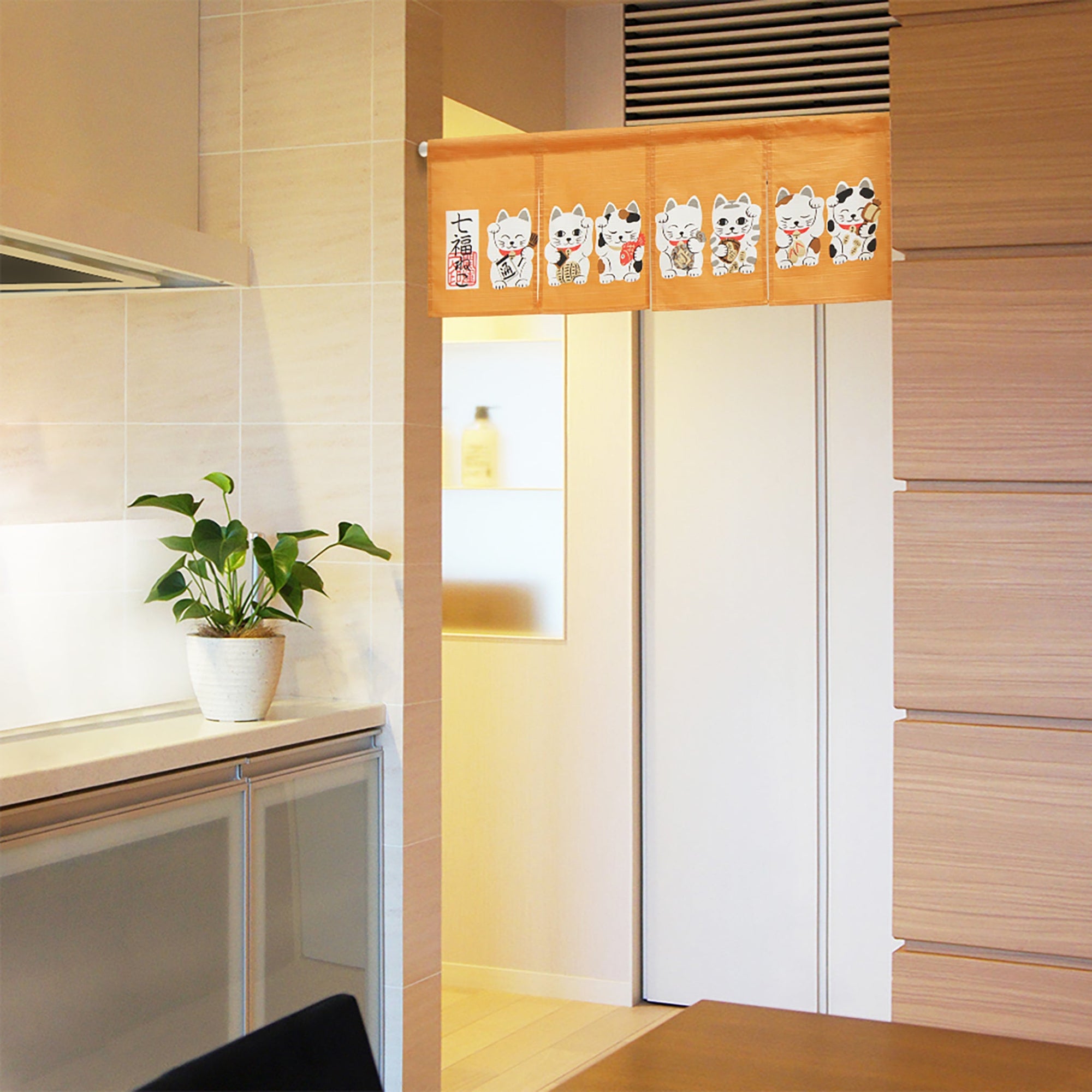 Noren Japanese Curtain - Seven Orange Fortune Cats