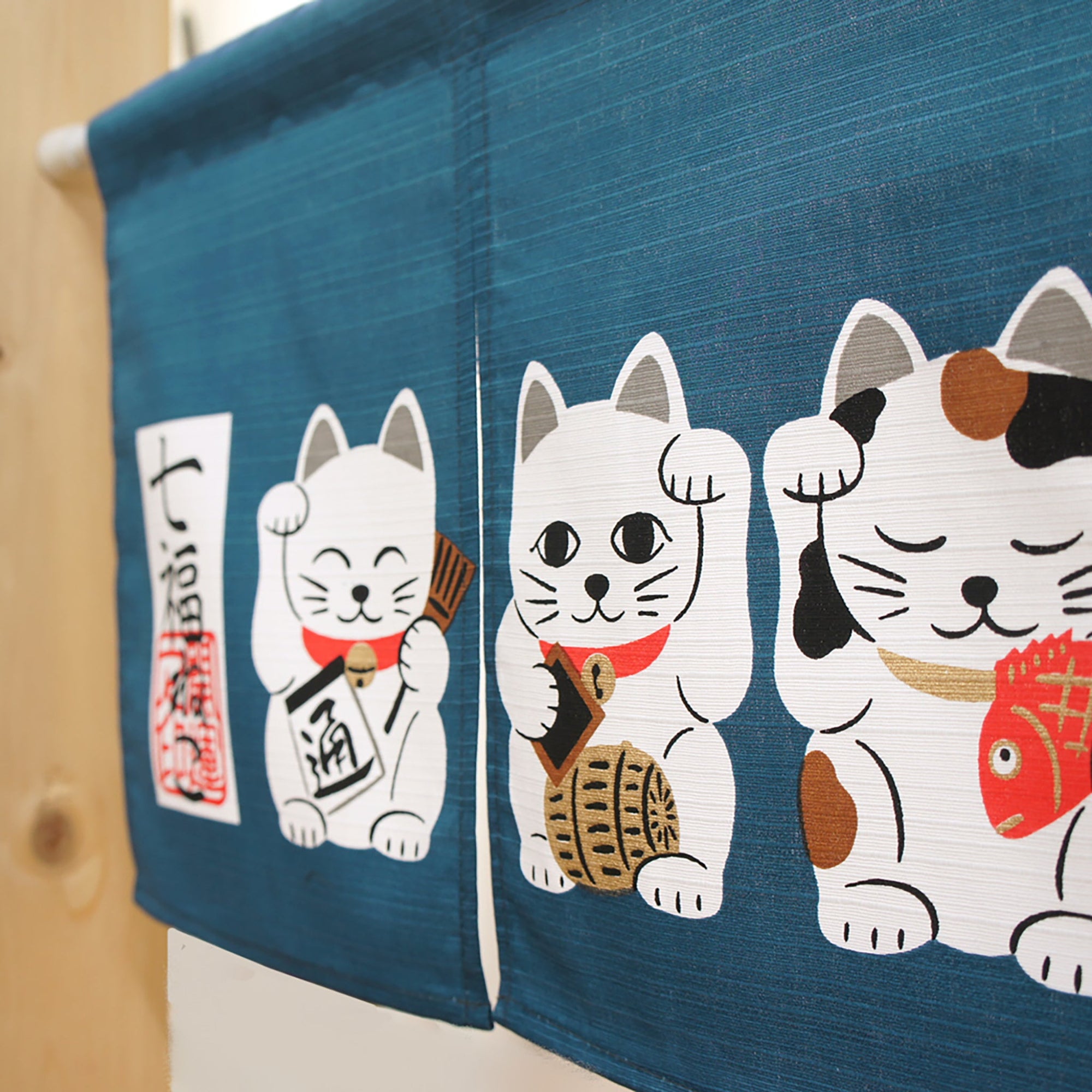 Noren Japanese Curtain - Seven Fortune Cats Blue