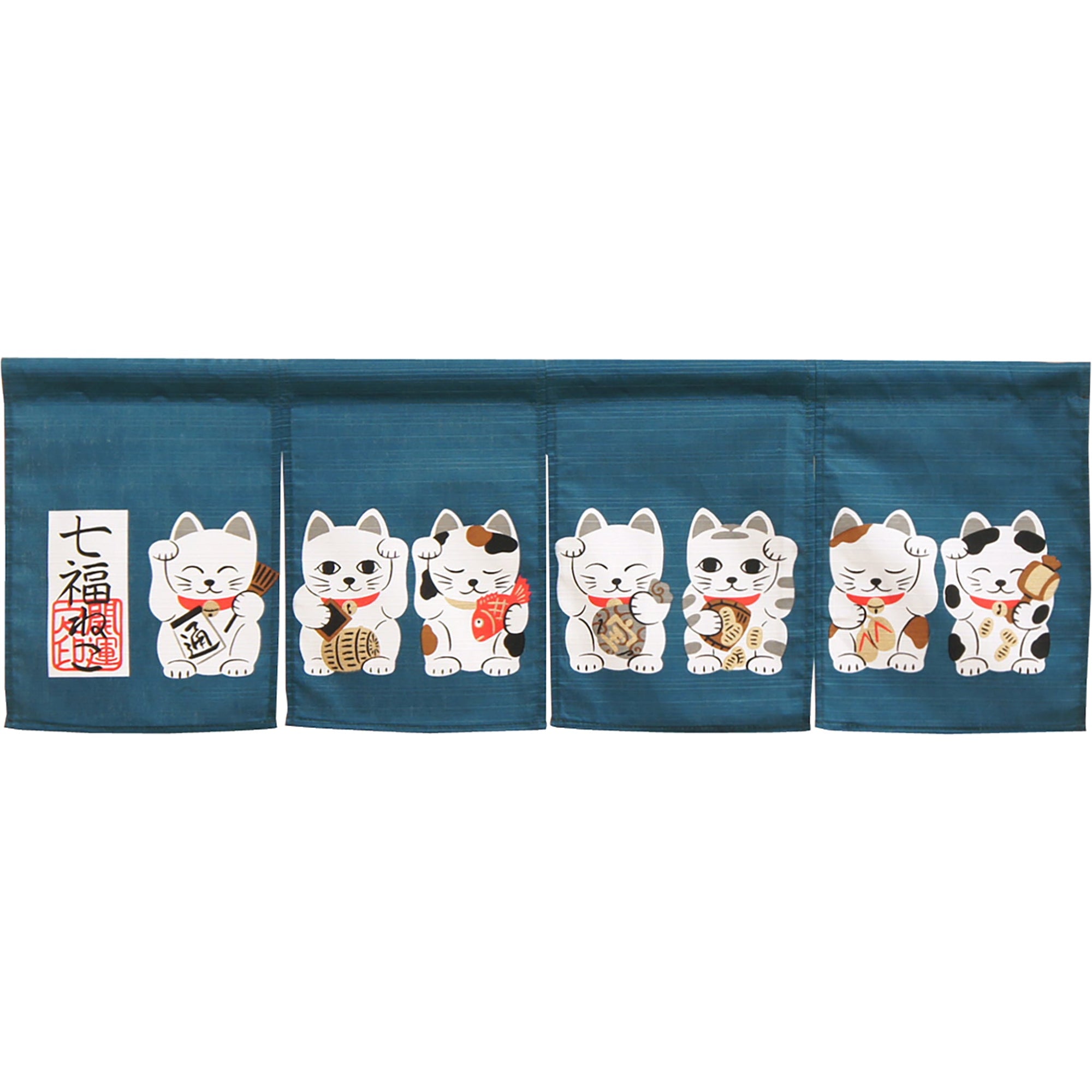 Noren Japanese Curtain - Seven Fortune Cats Blue