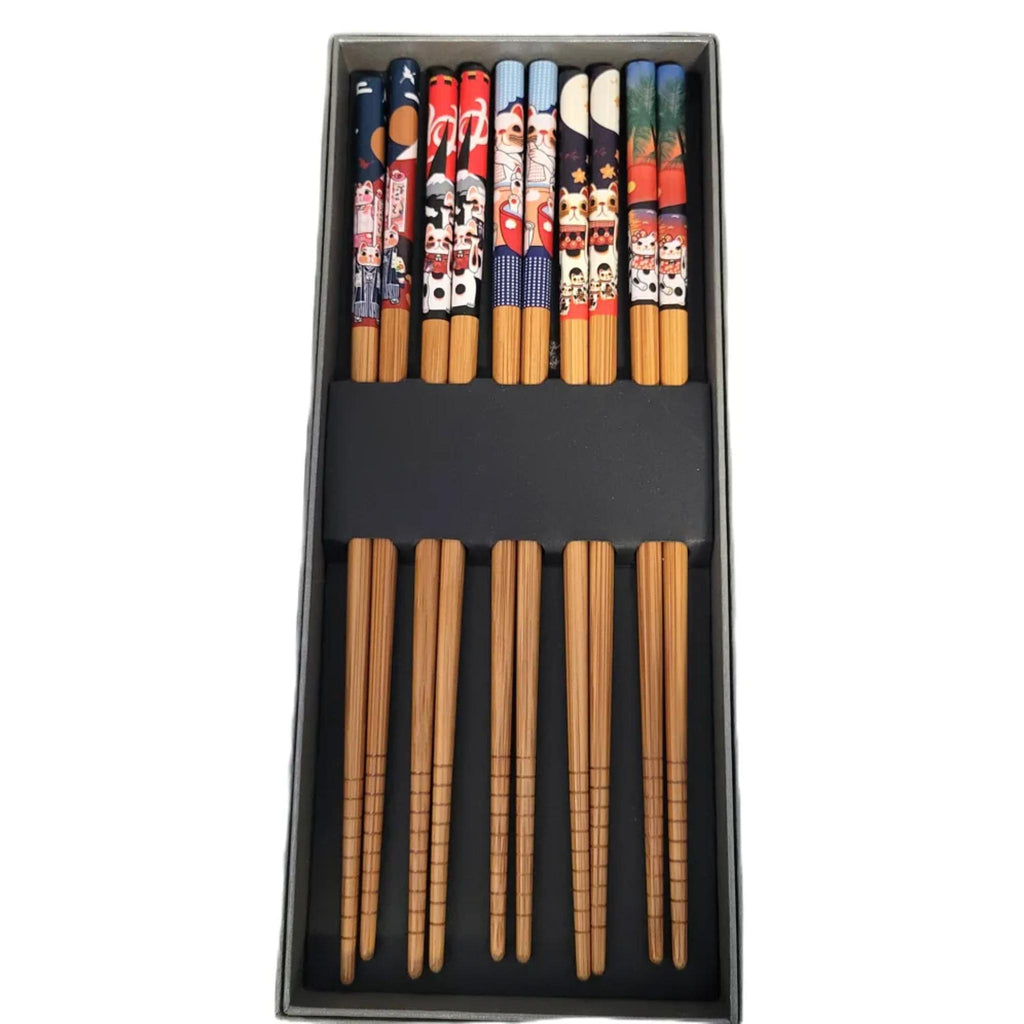 Set de 5 paires de baguettes en bambou réutilisables – Motifs Maneki-neko kawaii - Lot de 10