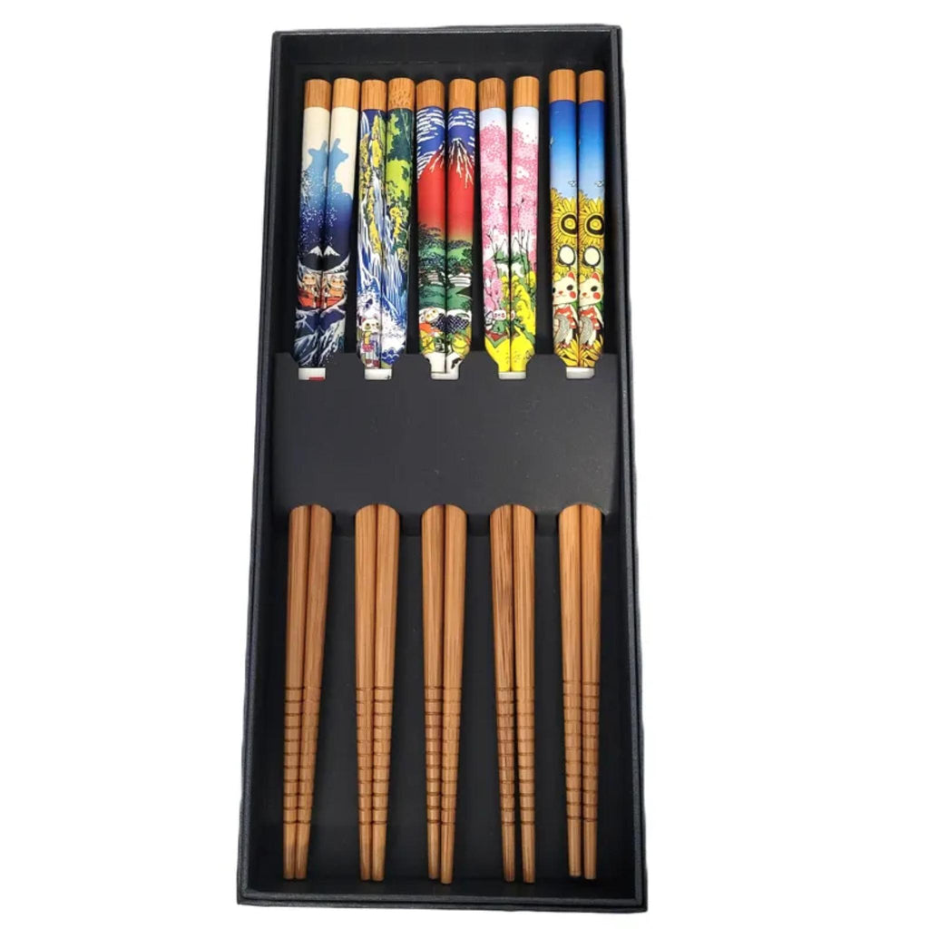 Set de 5 paires de baguettes en bambou réutilisables – Motifs Maneki-neko kawaii - Lot de 10