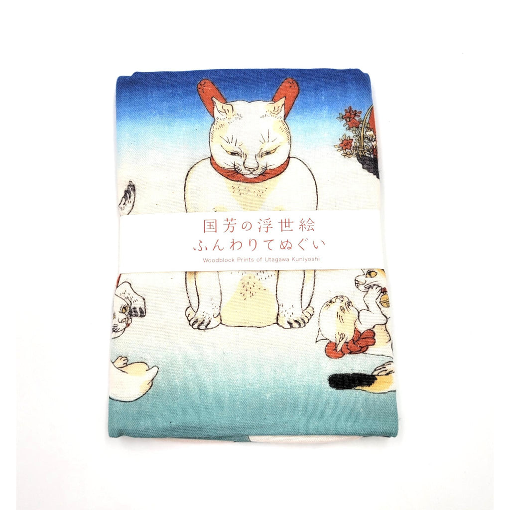 Tenugui serviette japonaise 100% coton imprimé Eventail Chats avec reproduction de l'artiste japonais Utagawa Kuniyoshi