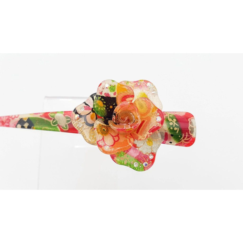 Grande pince fleur à cheveux japonaise avec tissu chirimen et résine -Lot 3