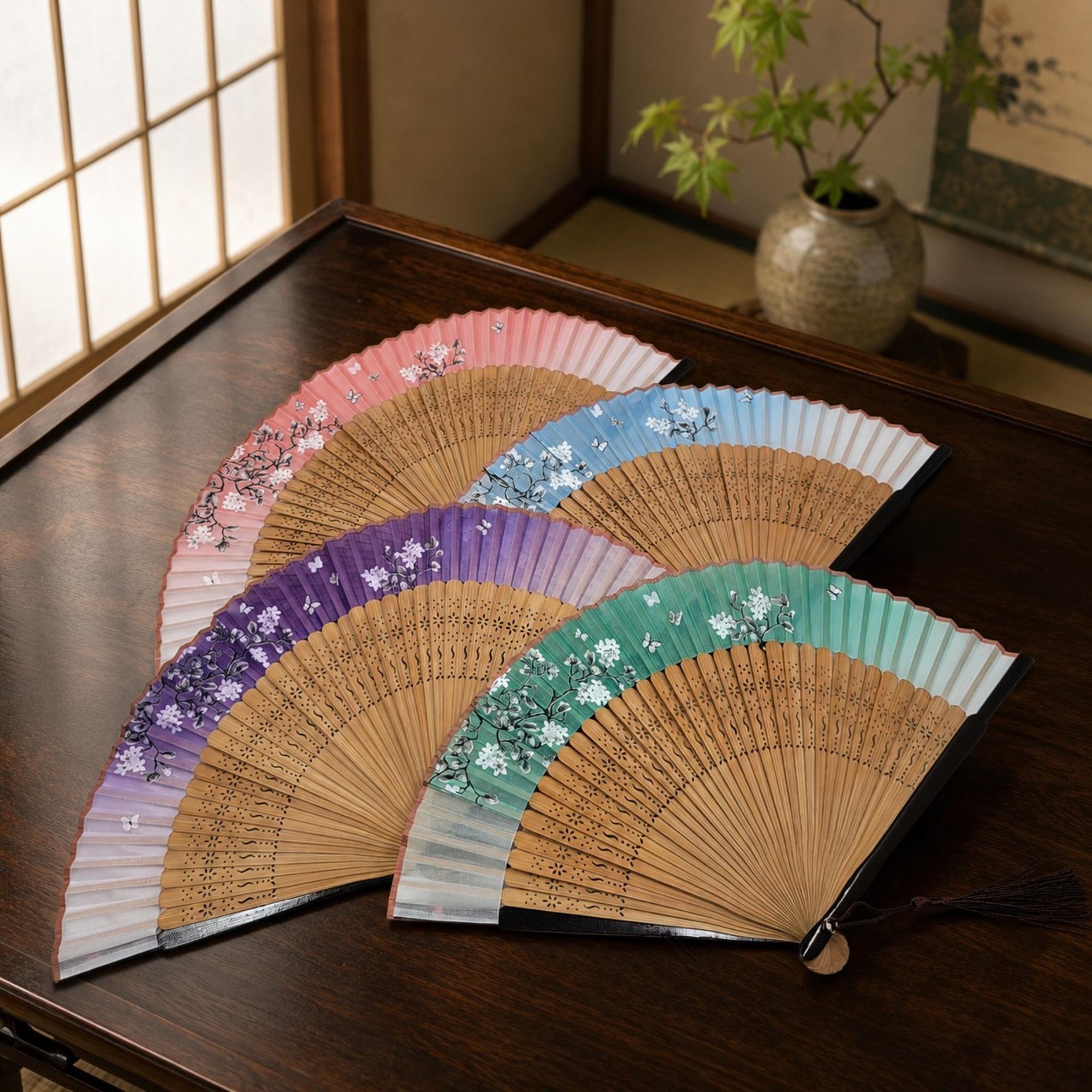 Eventails de luxe avec motifs sakura et papillon Lot de 3