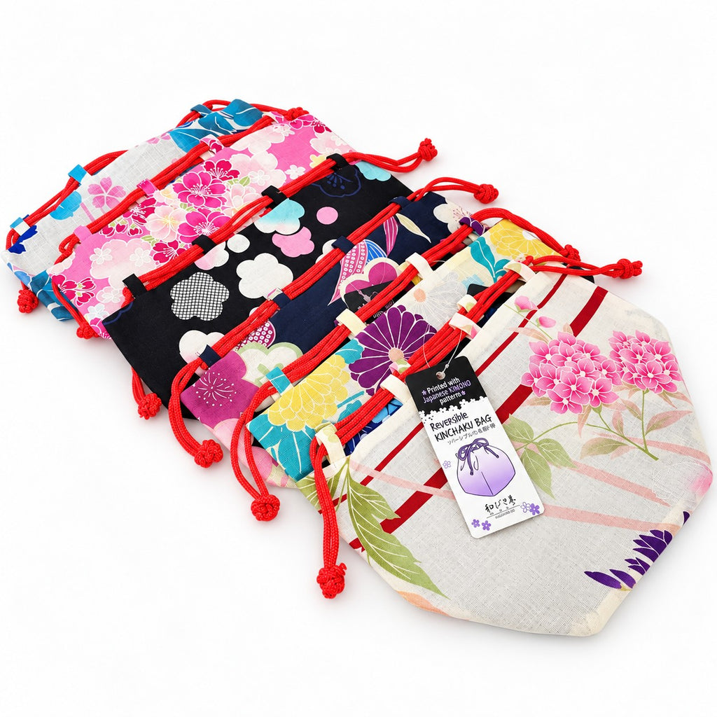 Reversible Kinchaku bag in Japanese fabric – Pattern: SAKURA and AKADAMA