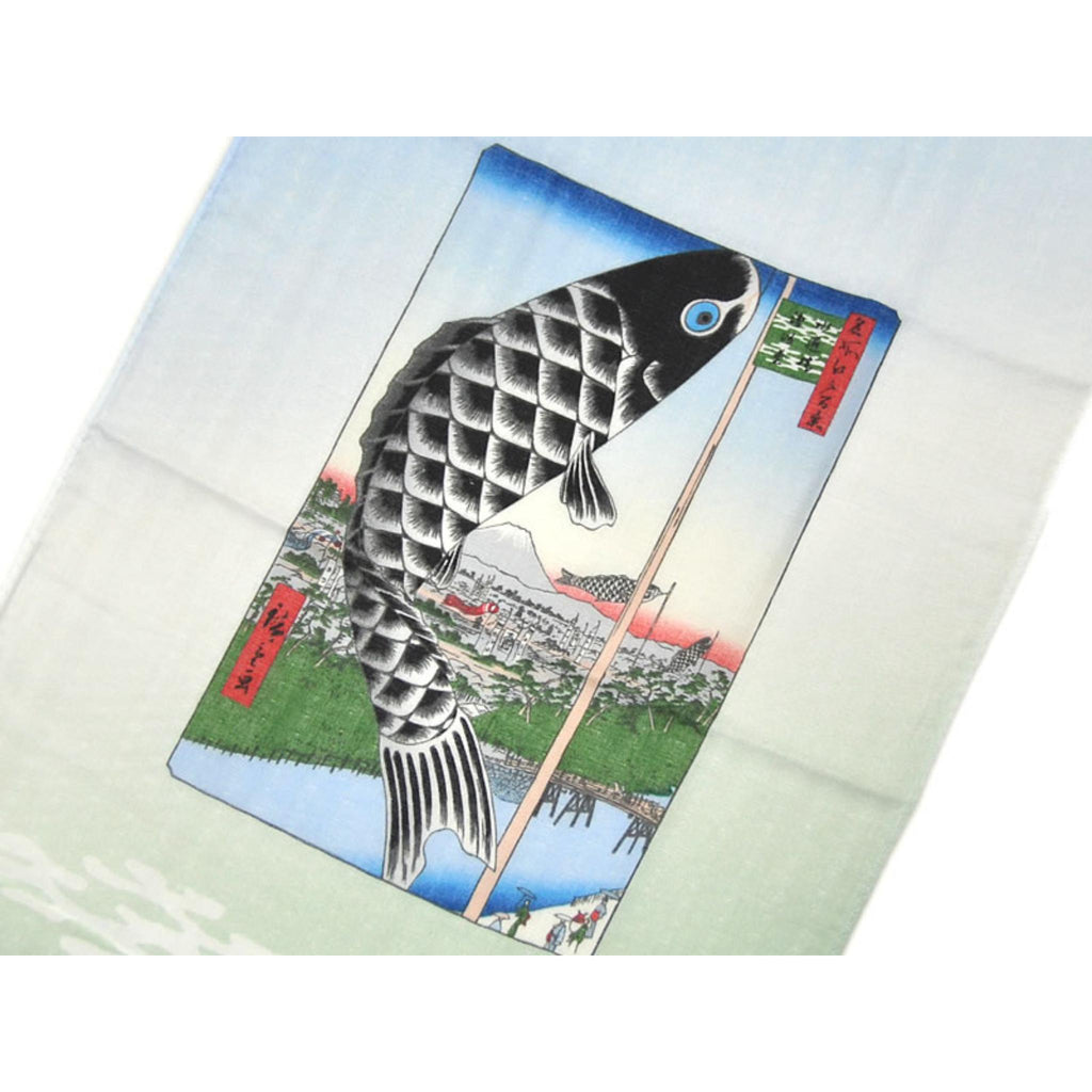 Tenugui serviette japonaise 100% coton imprimé Carpe Koi et fleurs