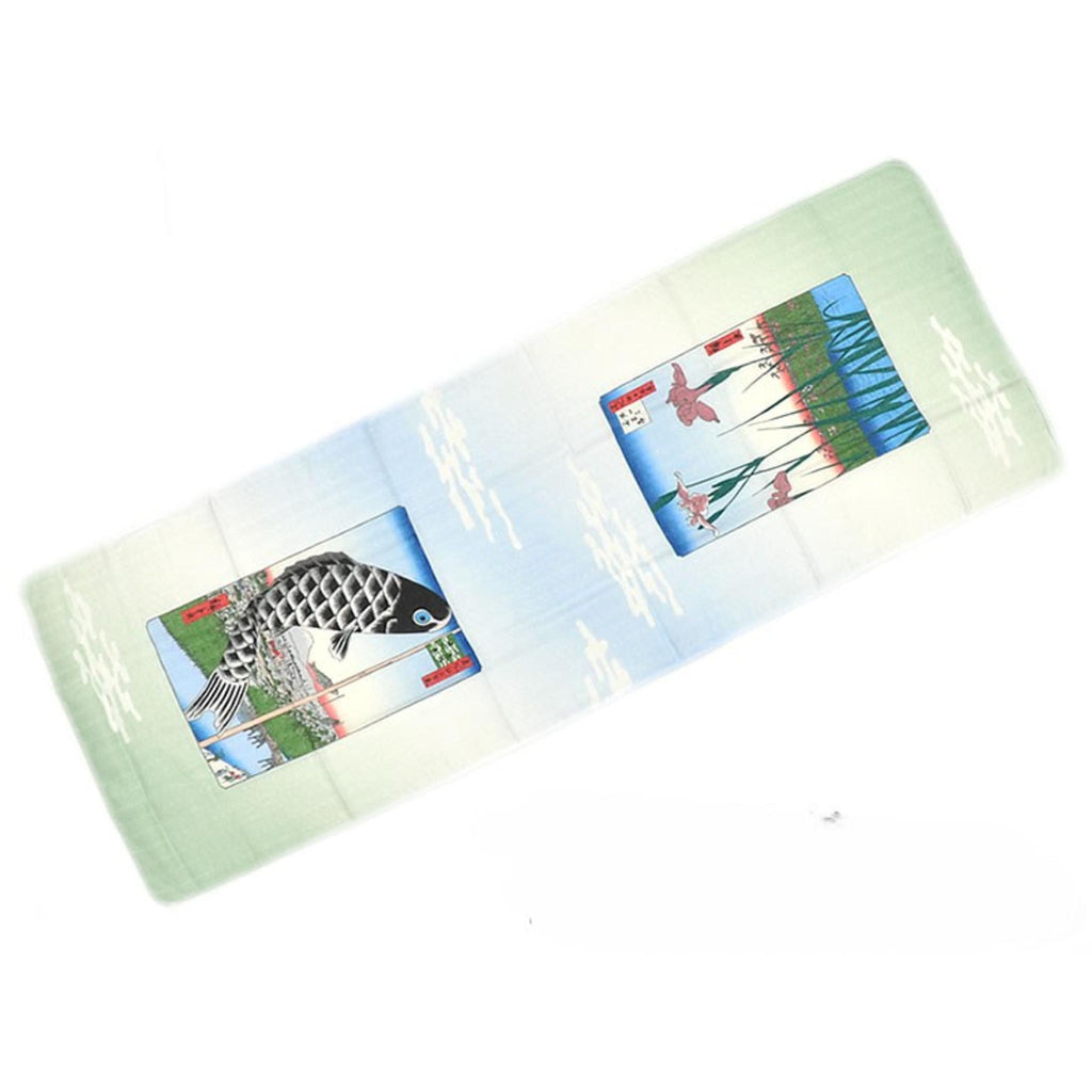 Tenugui serviette japonaise 100% coton imprimé Carpe Koi et fleurs