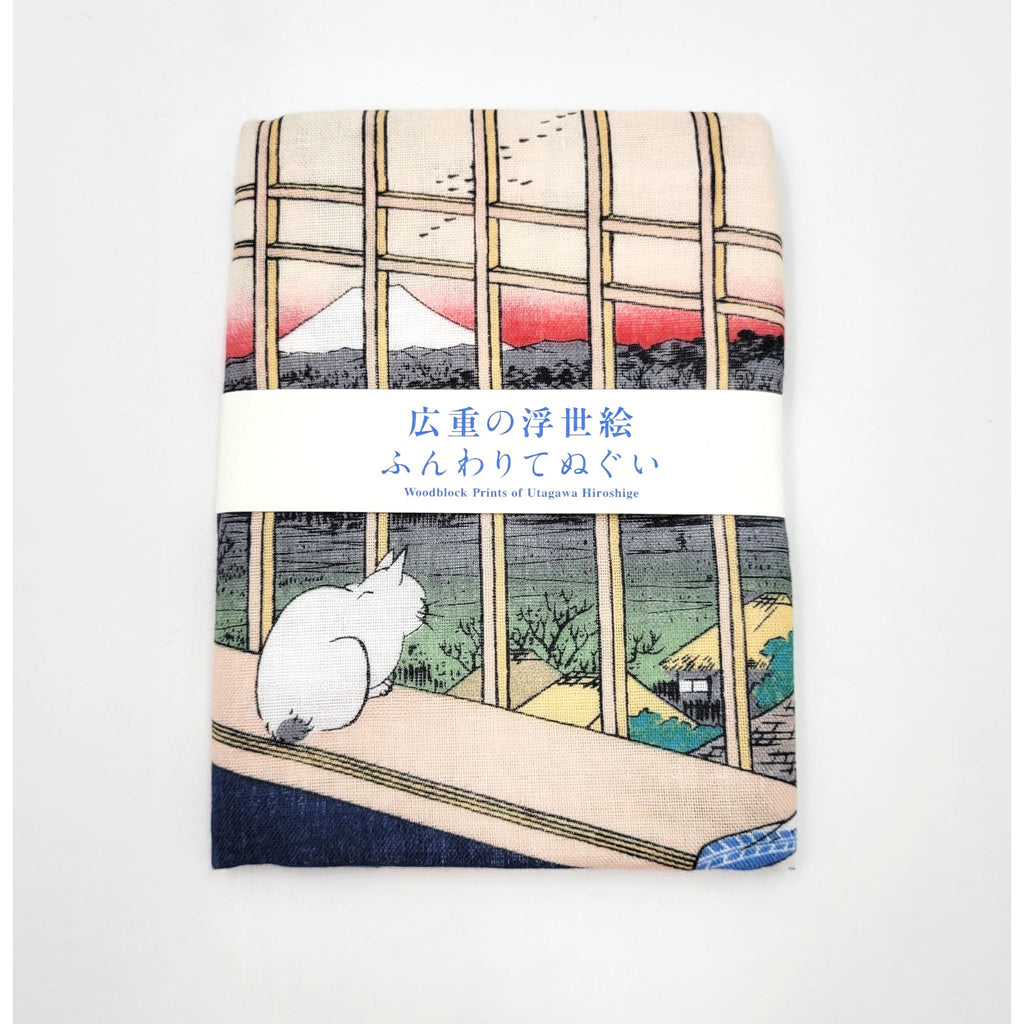 Tenugui serviette japonaise 100% coton imprimé avec reproduction d'estampes Chat & Mont Fuji de l'artiste japonais Utagawa Hiroshige