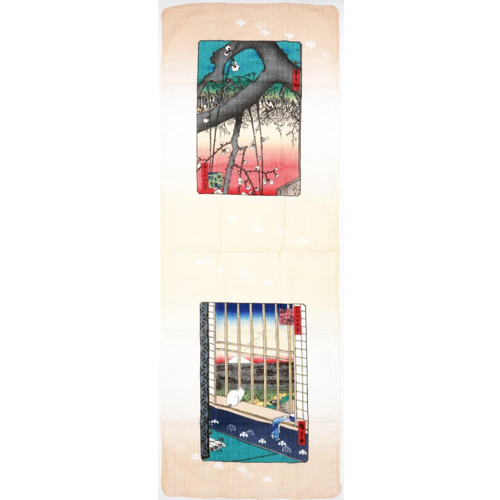 Tenugui serviette japonaise 100% coton imprimé avec reproduction d'estampes Chat & Mont Fuji de l'artiste japonais Utagawa Hiroshige