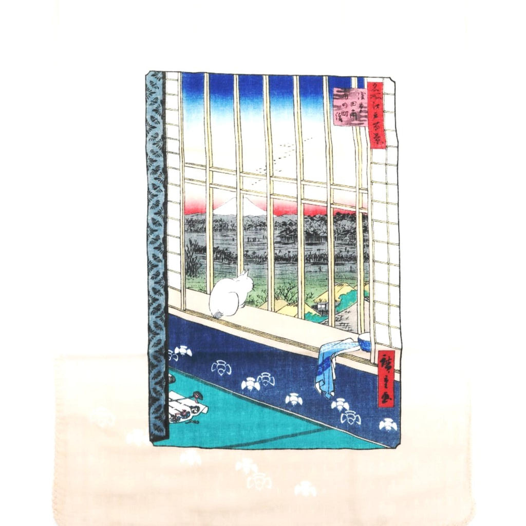 Tenugui serviette japonaise 100% coton imprimé avec reproduction d'estampes Chat & Mont Fuji de l'artiste japonais Utagawa Hiroshige