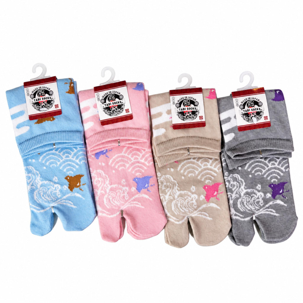 Chaussettes Japonaises Tabi - Vague et Oiseaux - Taille EU 34-40 - Lot de 6 paires