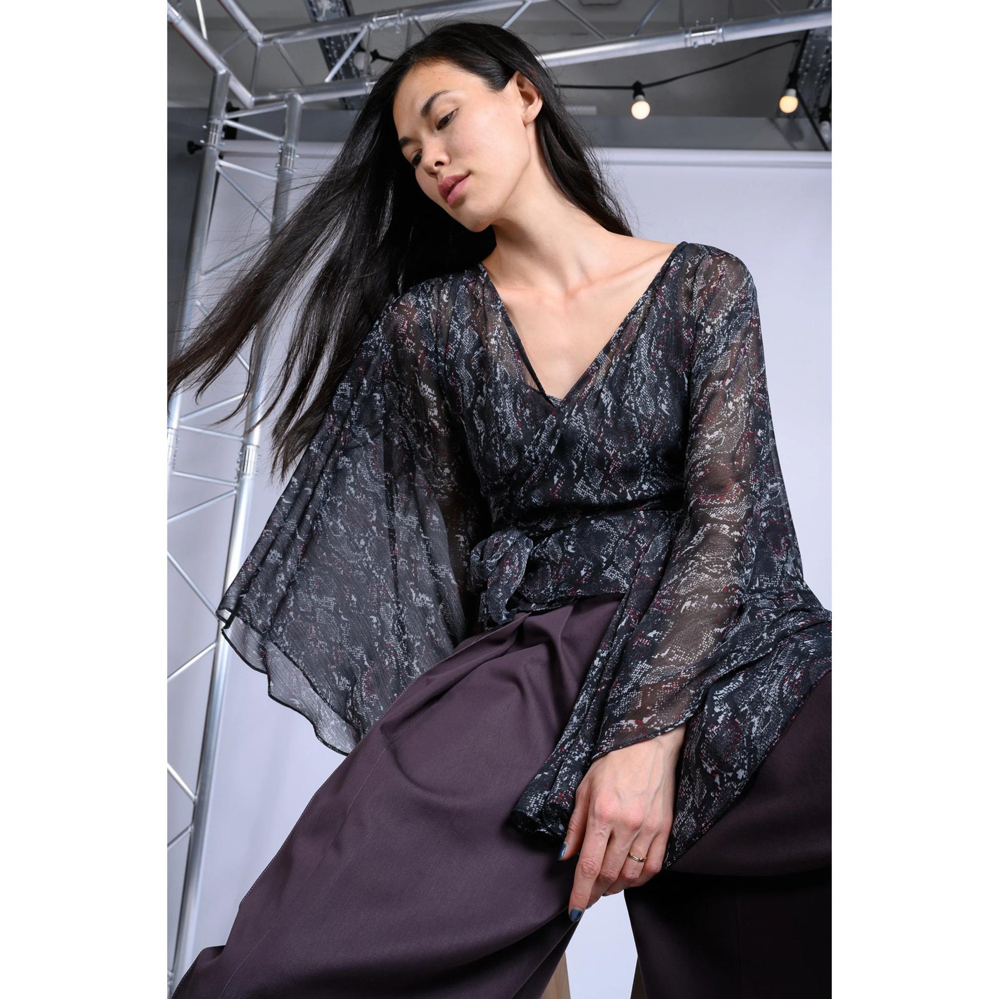 Long Sleeve Wrap Top - Black Snake