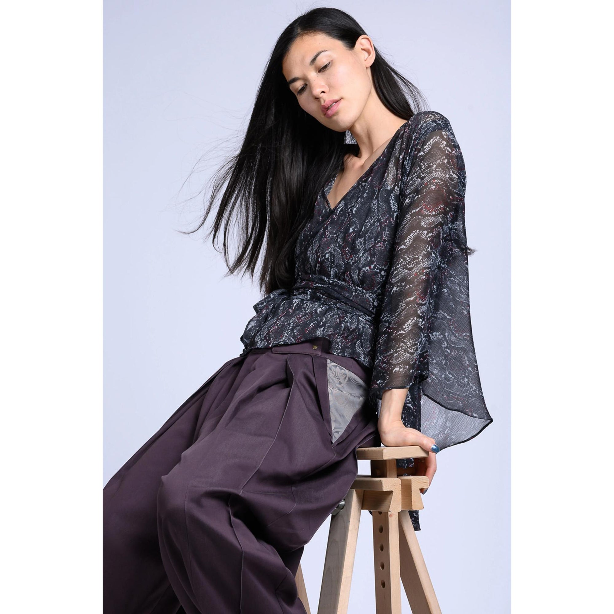 Long Sleeve Wrap Top - Black Snake