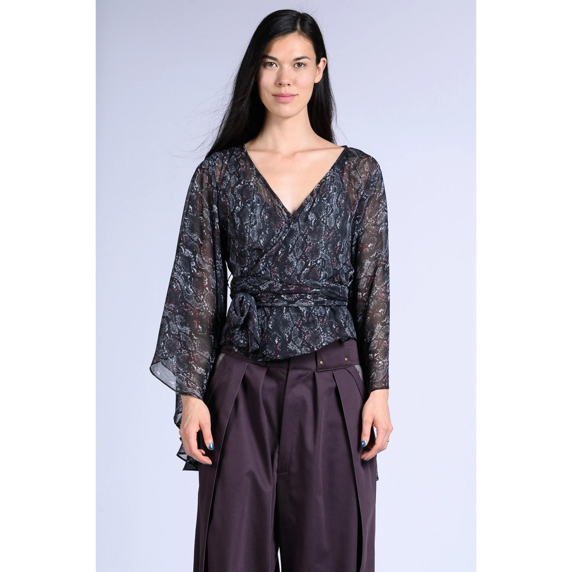 Long Sleeve Wrap Top - Black Snake