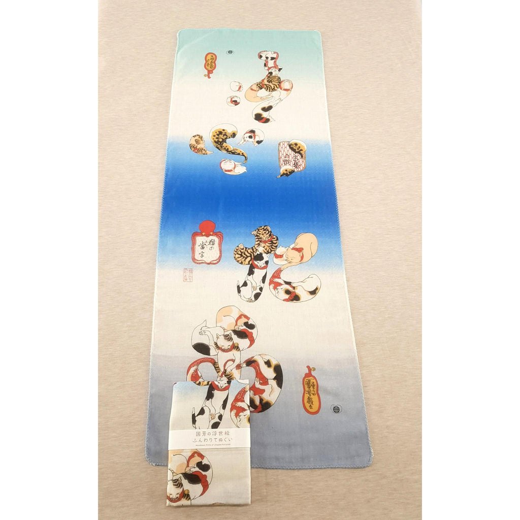 Tenugui serviette japonaise 100% coton imprimé avec reproduction d'estampe Chat Hiragana de l'artiste japonais Utagawa Kuniyoshi, bandeau