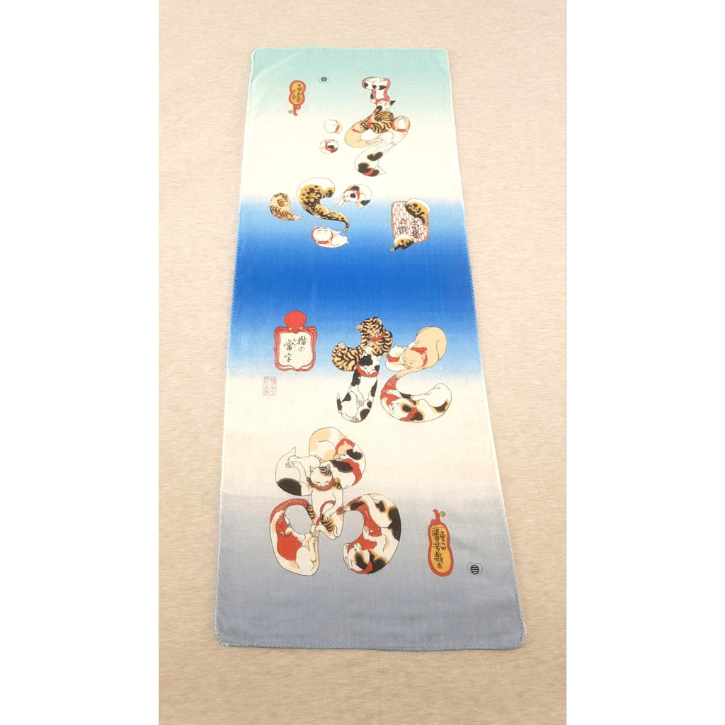 Tenugui serviette japonaise 100% coton imprimé avec reproduction d'estampe Chat Hiragana de l'artiste japonais Utagawa Kuniyoshi, bandeau
