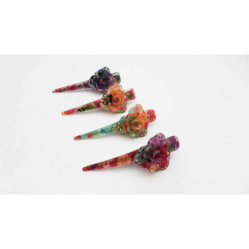 Grande pince fleur à cheveux japonaise avec tissu chirimen et résine -Lot 3