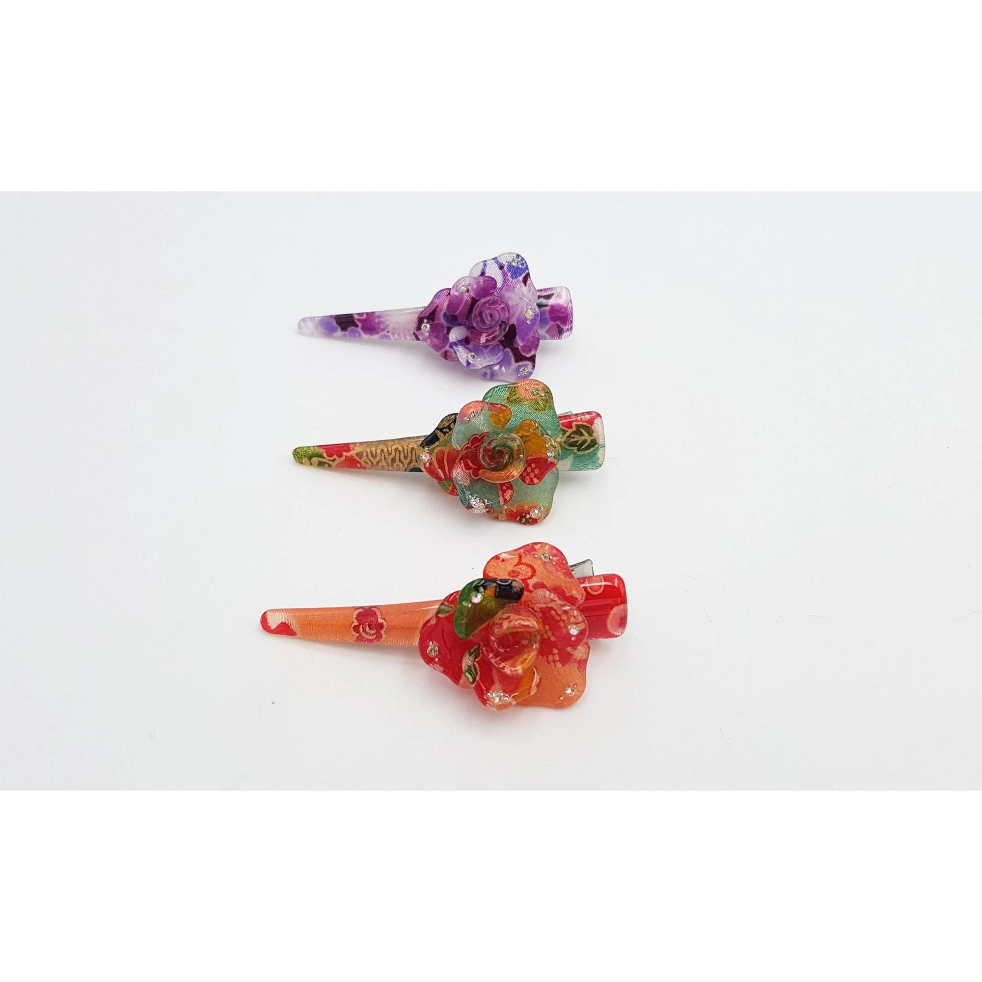 Petite pince fleur à cheveux japonaise avec tissu chirimen et résine -Lot 3