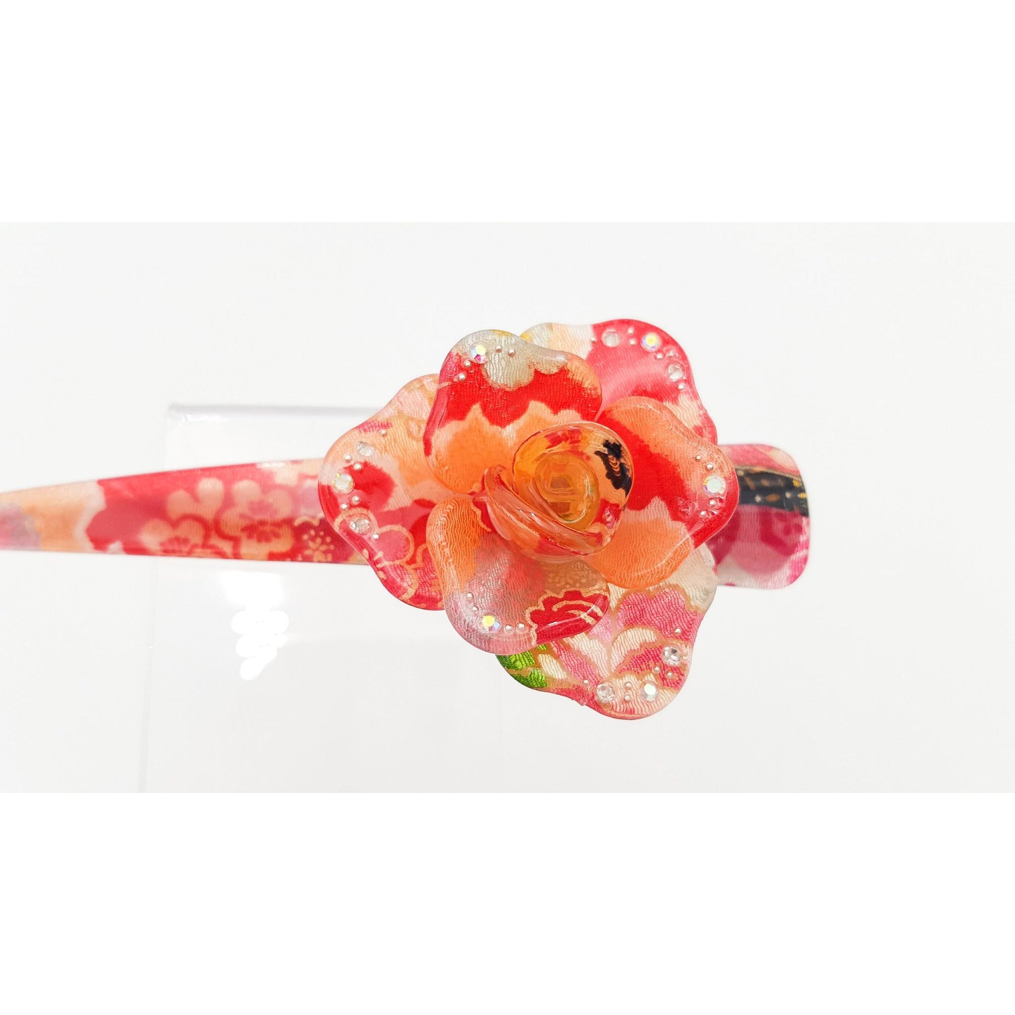 Grande pince fleur à cheveux japonaise avec tissu chirimen et résine -Lot 3