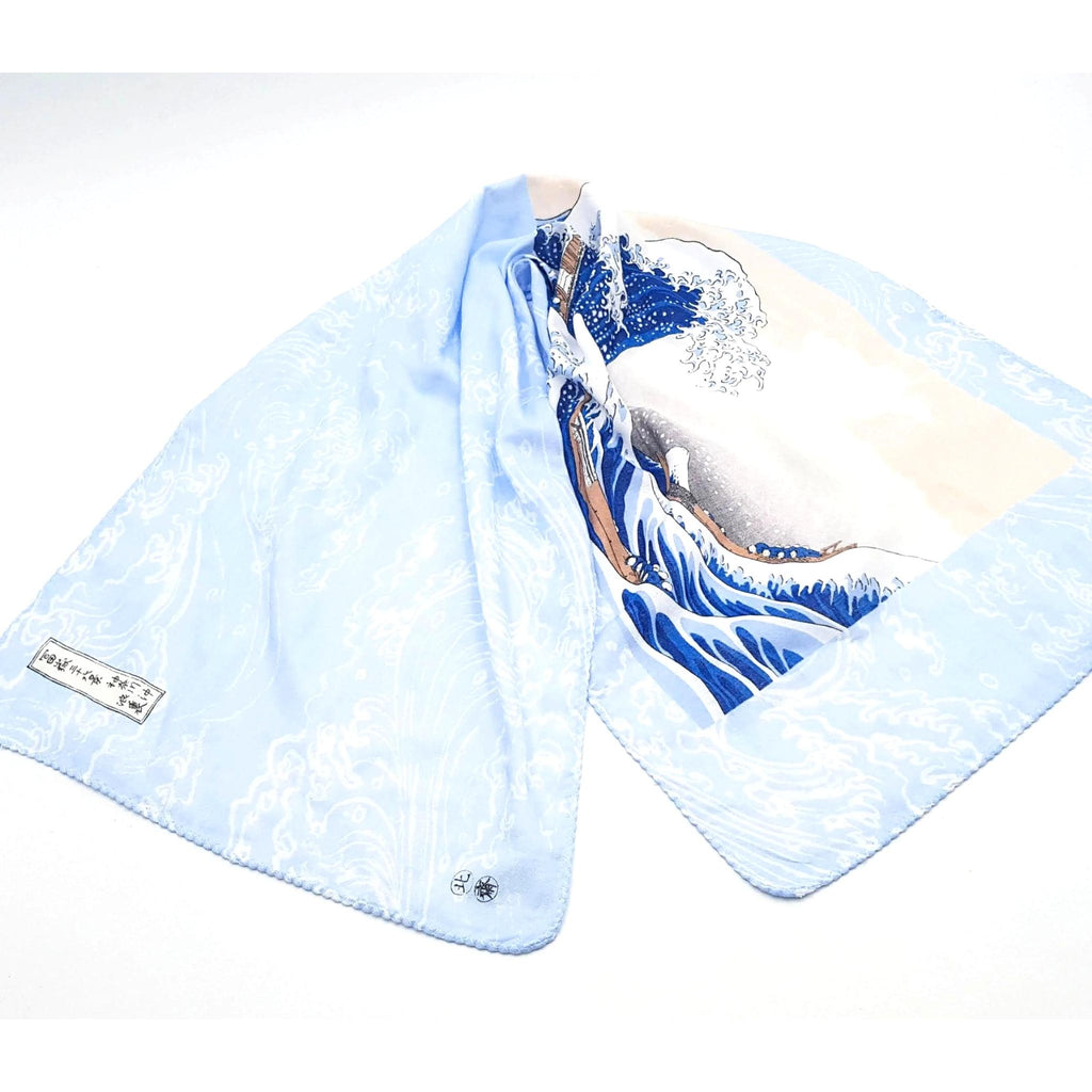 Tenugui serviette jaaponaise 100% coton imprimé avec reproduction d'estampe de la fameuse Vague de l'artiste Hokusai