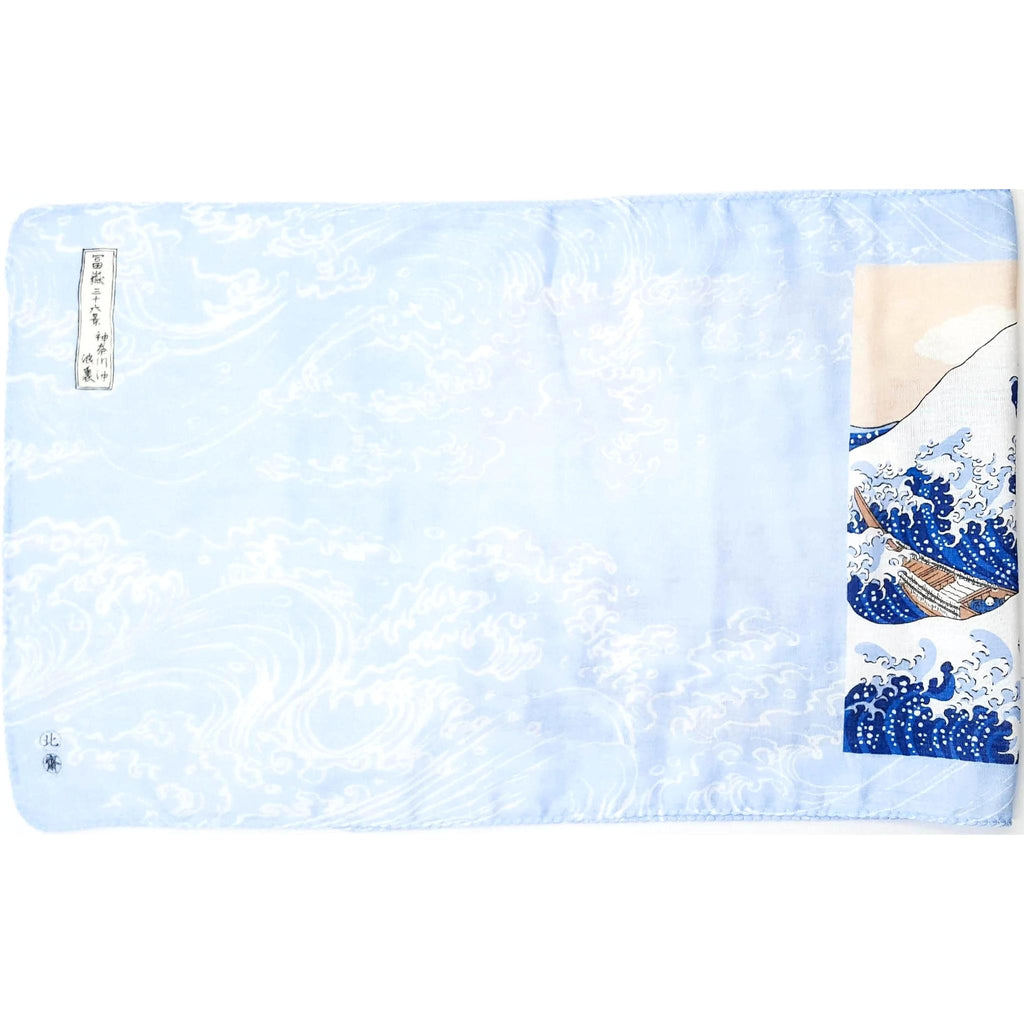 Tenugui serviette jaaponaise 100% coton imprimé avec reproduction d'estampe de la fameuse Vague de l'artiste Hokusai