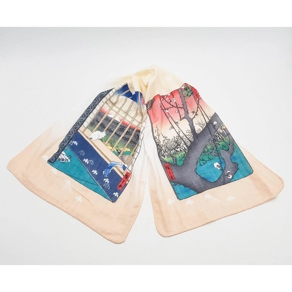 Tenugui serviette japonaise 100% coton imprimé avec reproduction d'estampes Chat & Mont Fuji de l'artiste japonais Utagawa Hiroshige